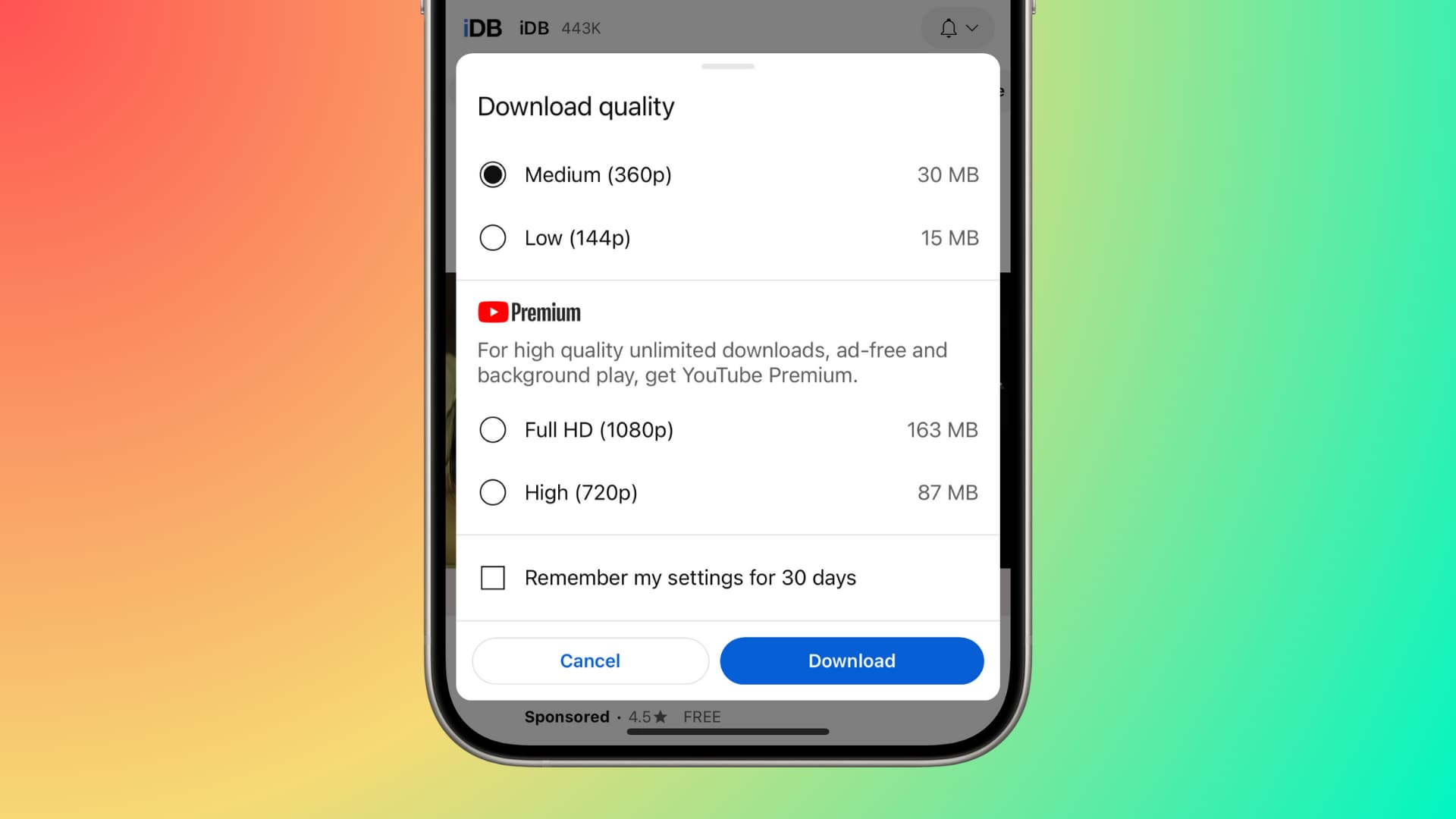 Download video quality prompt in the YouTube app