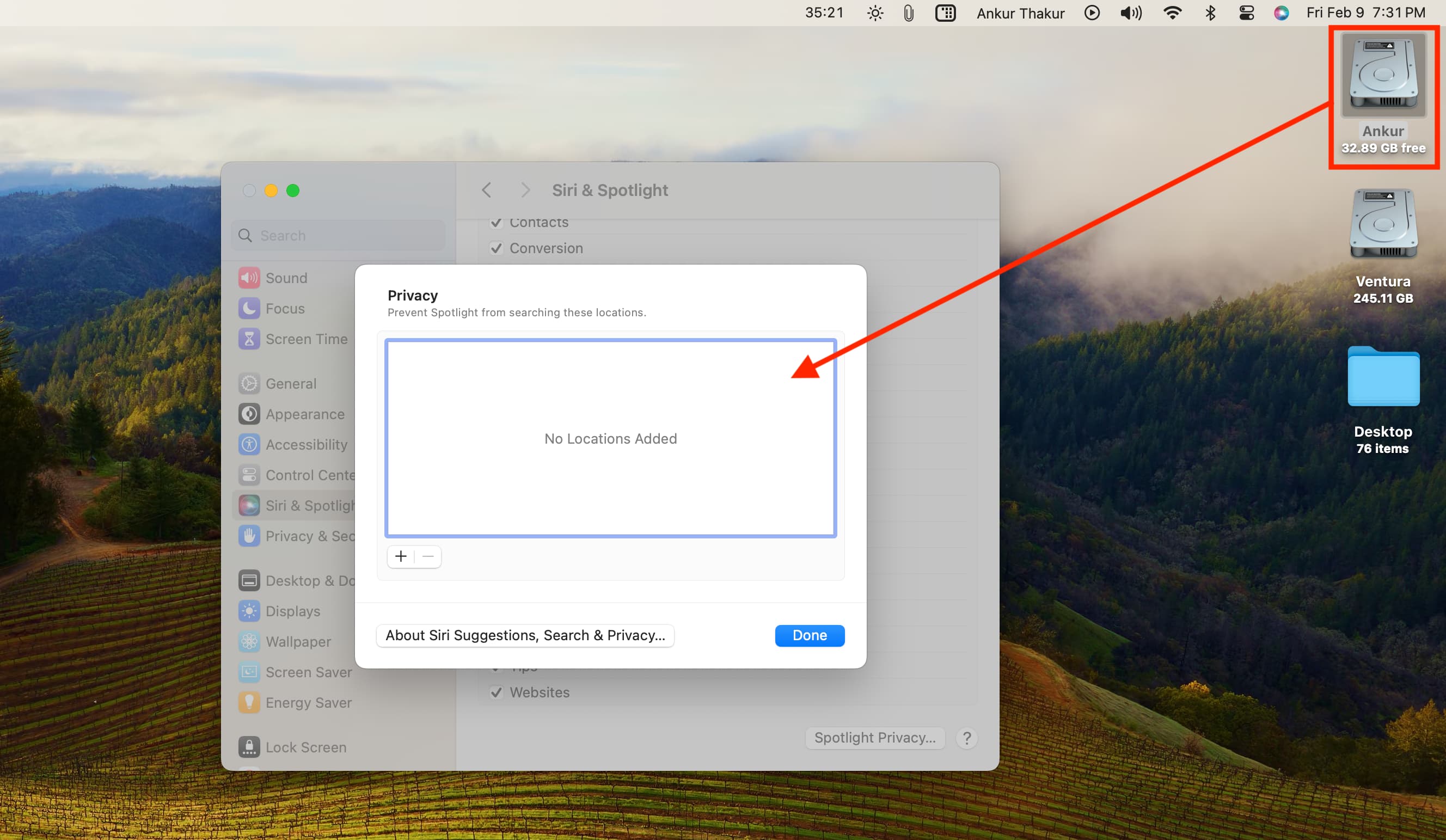 Drag Mac disk to Spotlight Privacy section in System Settings