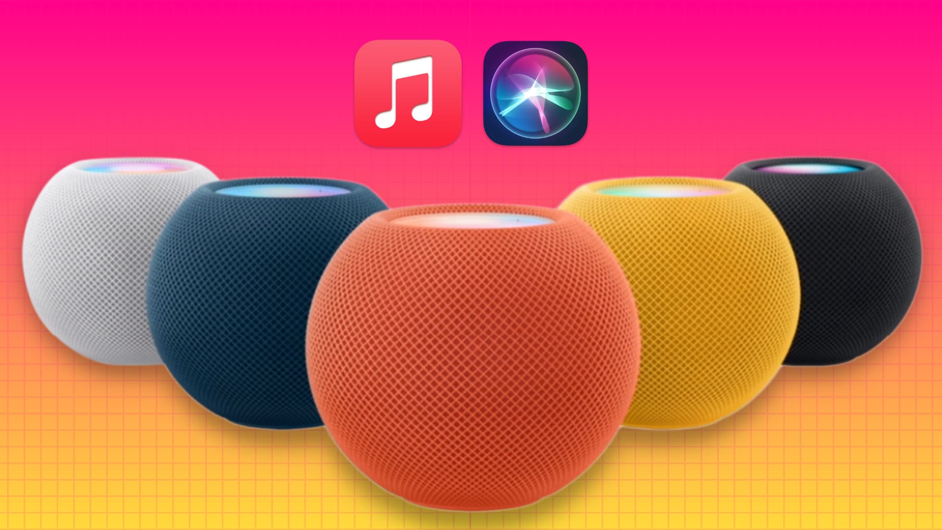 Five HomePods mini in different colors with Apple Music and Siri icons over them
