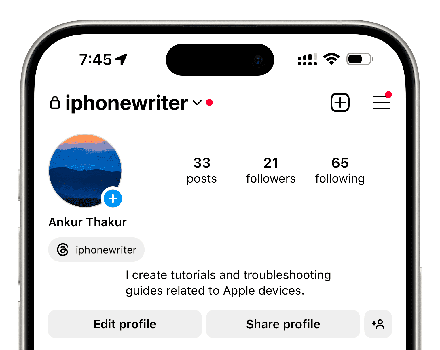 Instagram bio text in middle