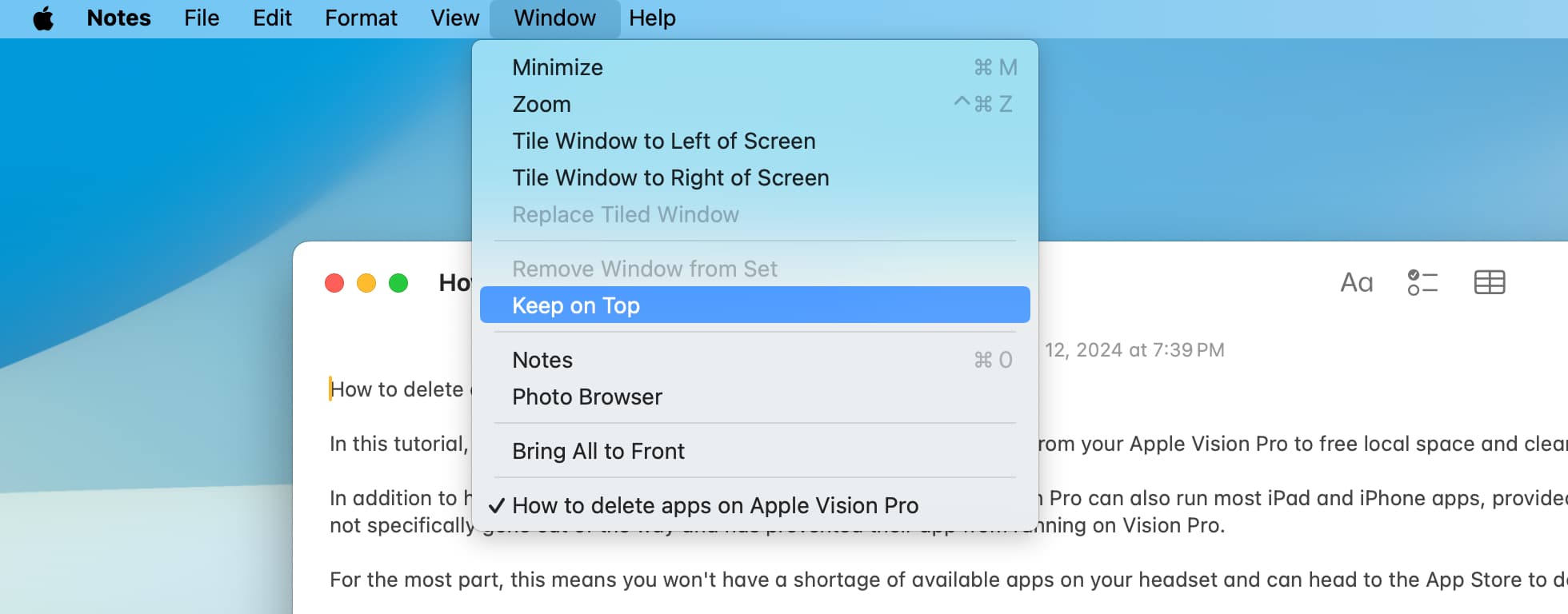 Keep on Top option in Notes on Mac