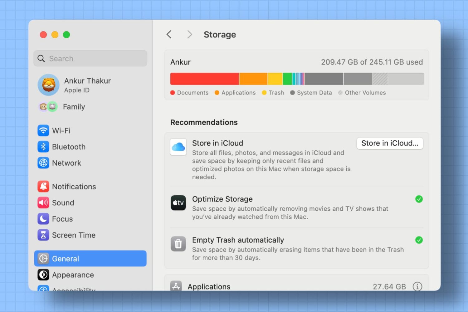 Mac storage settings screen