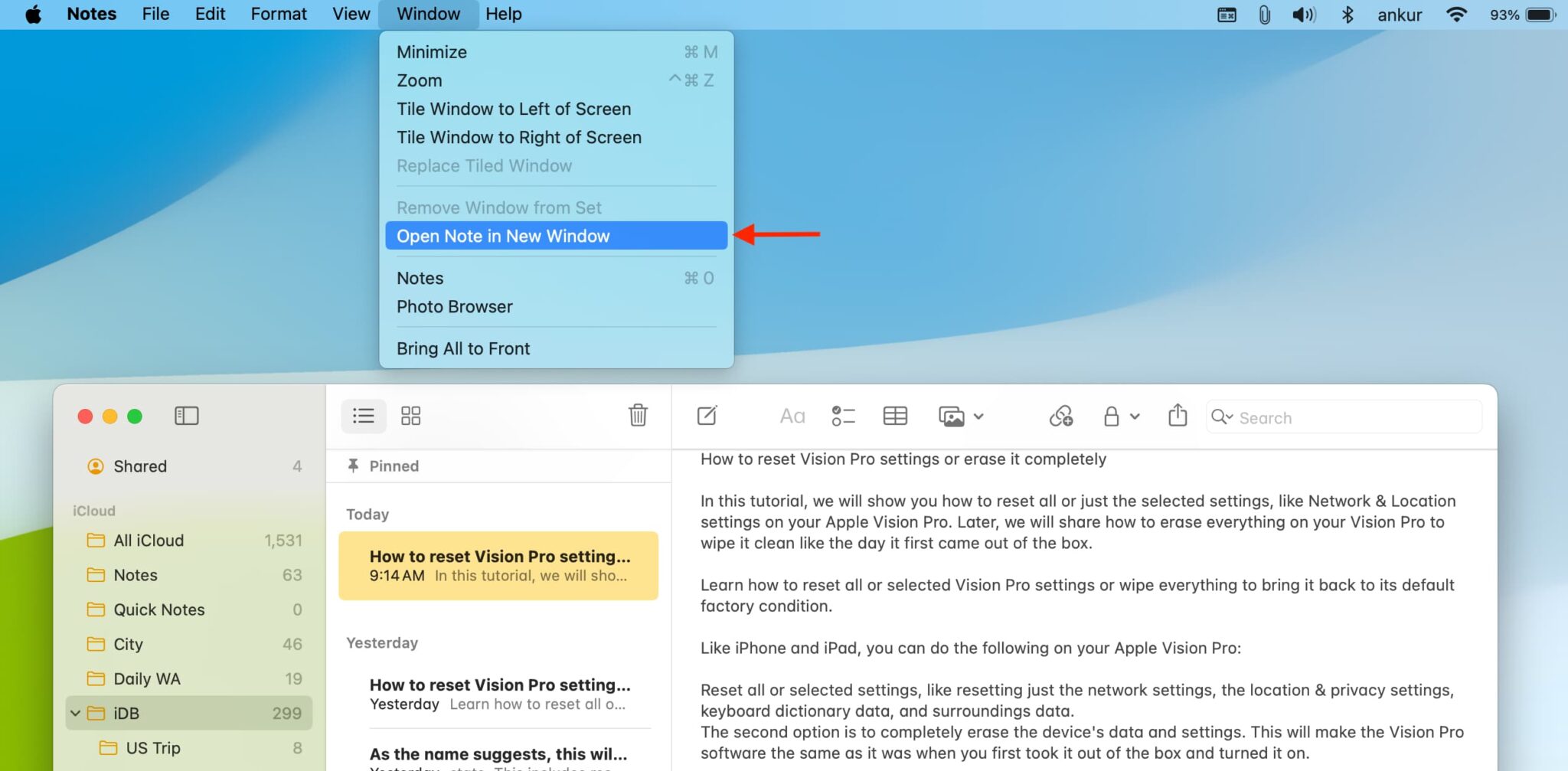 How to open a Mac note in its own window or keep it on top