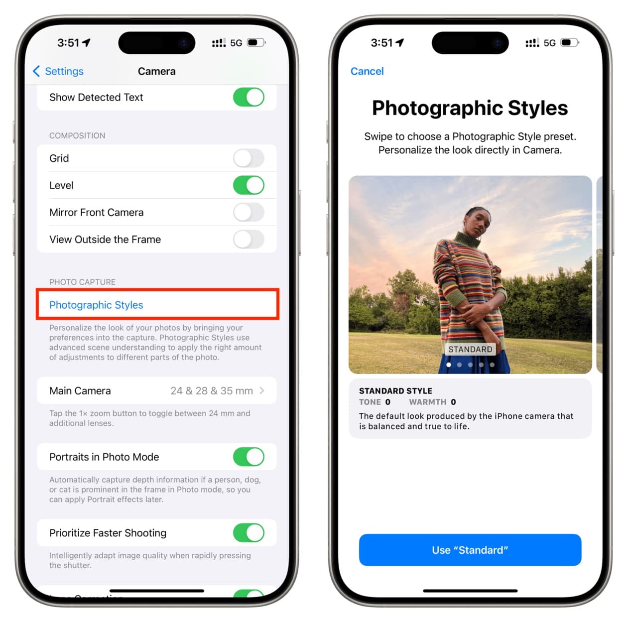 Photographic Styles in iPhone Camera settings