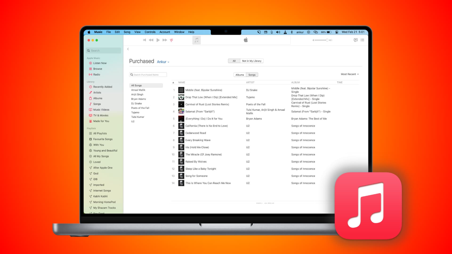 Purchased songs in Music app on Mac