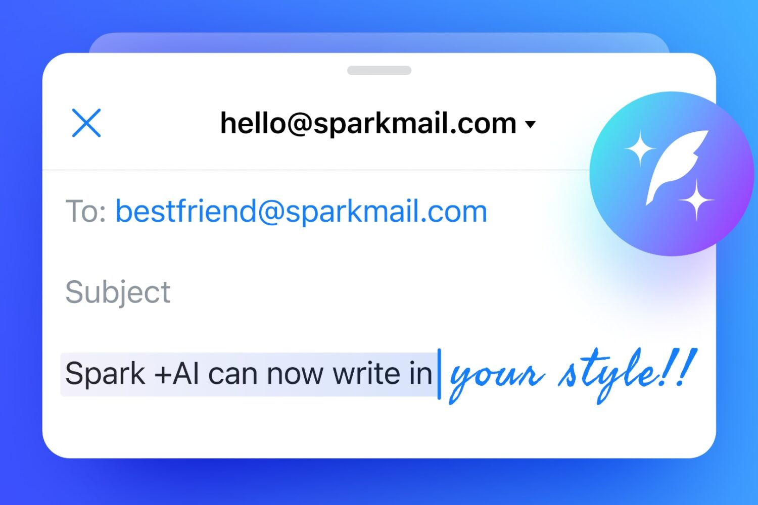 Marketing image promoting the Writing My Style feature in the Spark email client