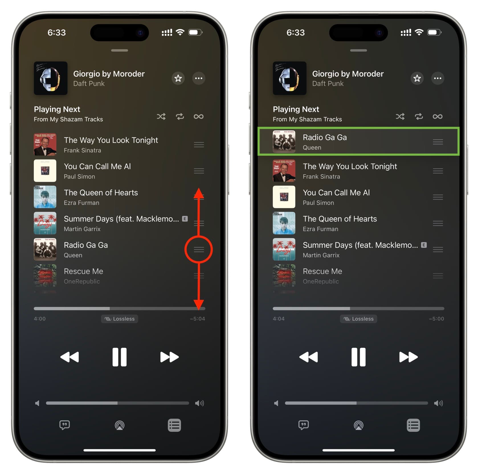 Rearrange songs playing next in the queue in iPhone Music app