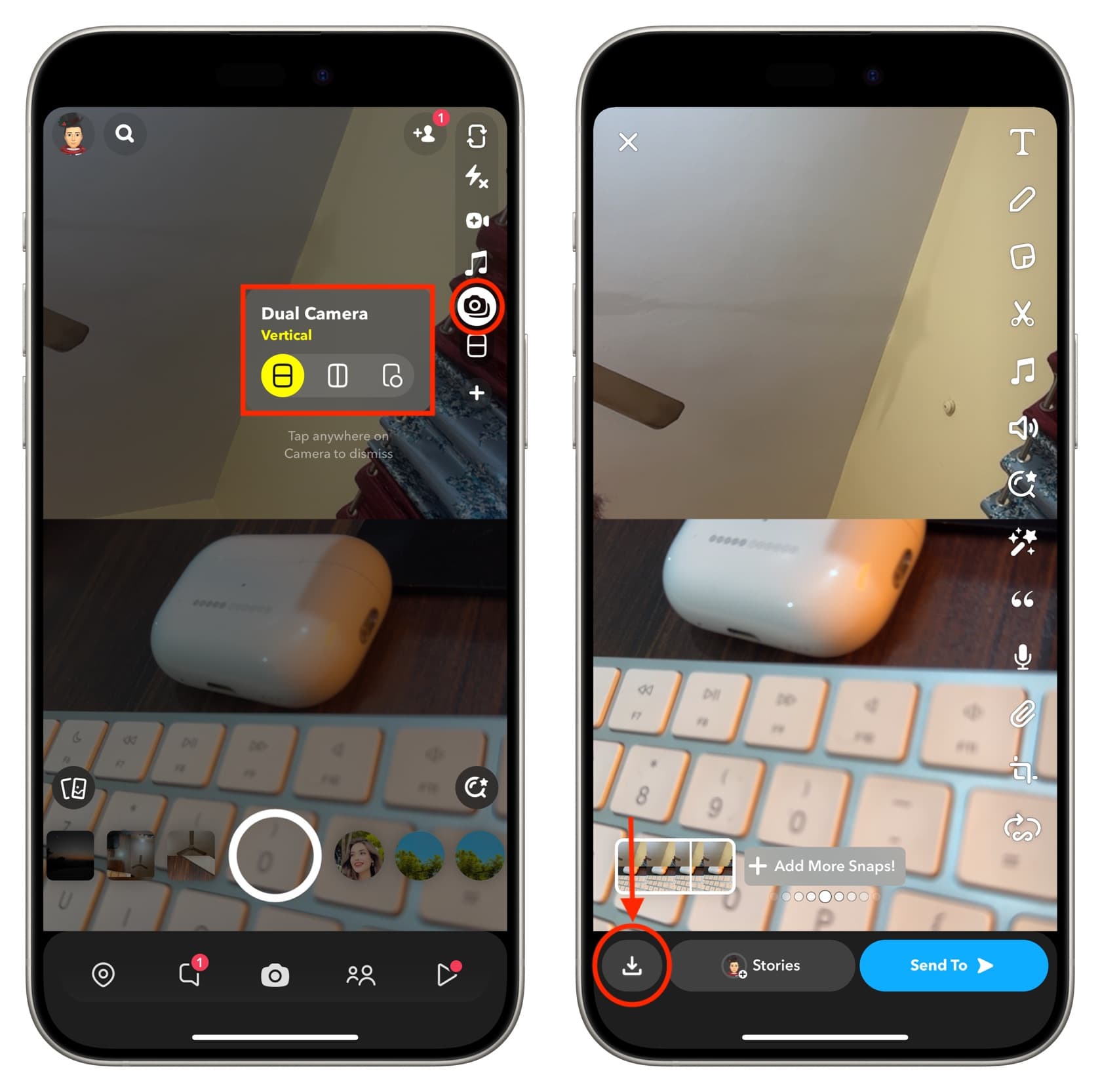 Recording in Dual Camera mode using Snapchat app on iPhone
