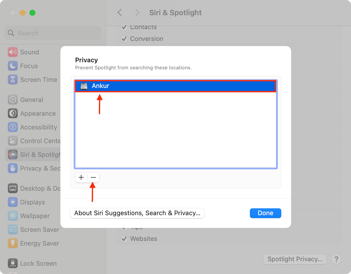 Remove added disk from Spotlight Privacy section on Mac