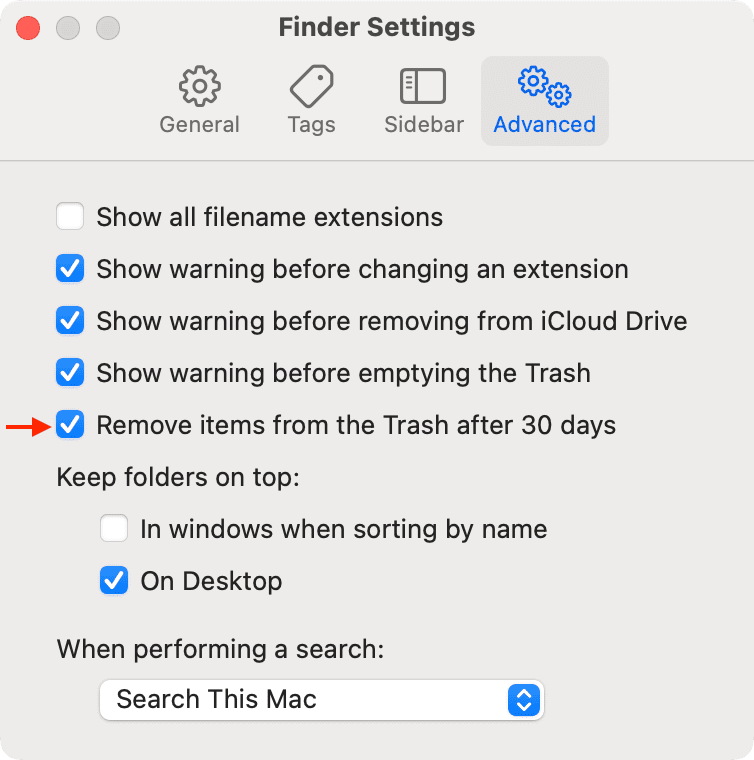 Remove items from the Trash after 30 days in Finder settings