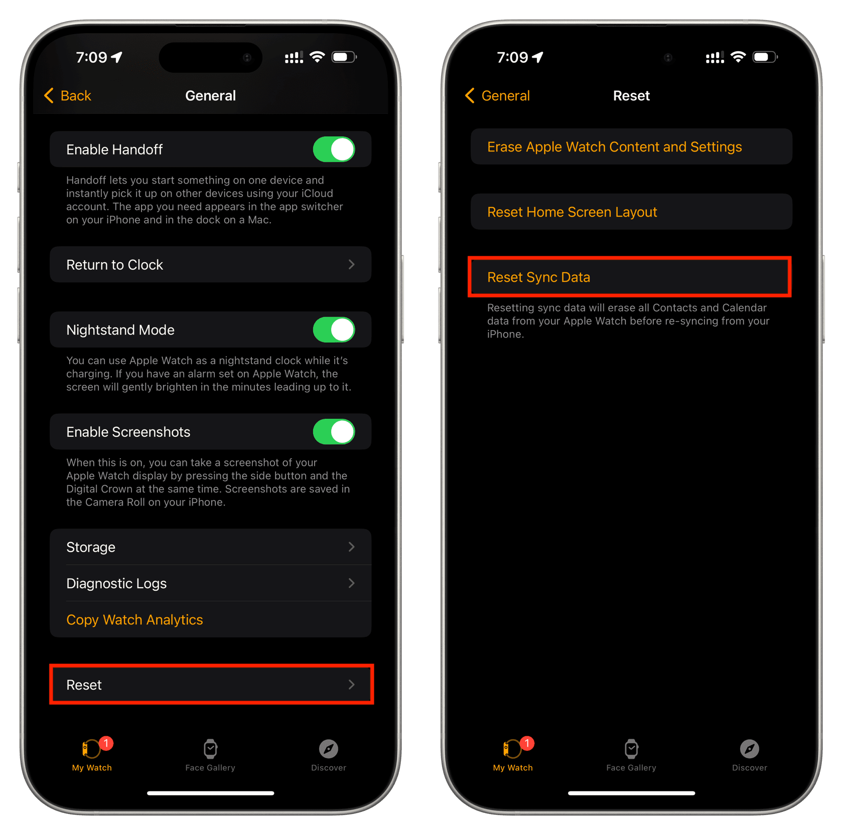 Reset Sync Data option in Apple Watch settings