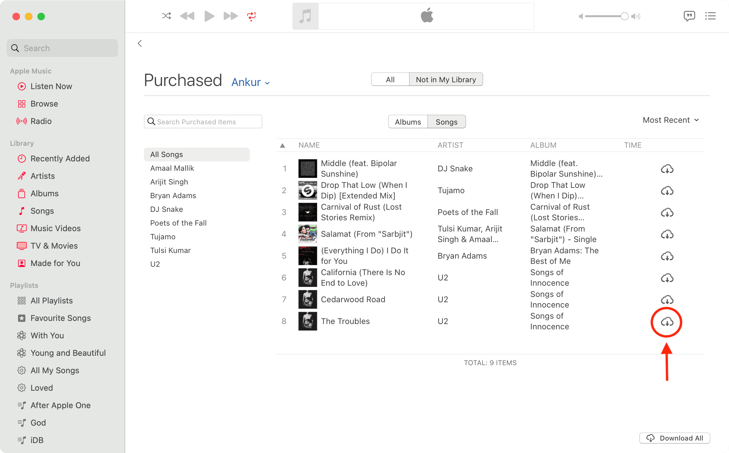 Selectively download songs from list of previously purchased items