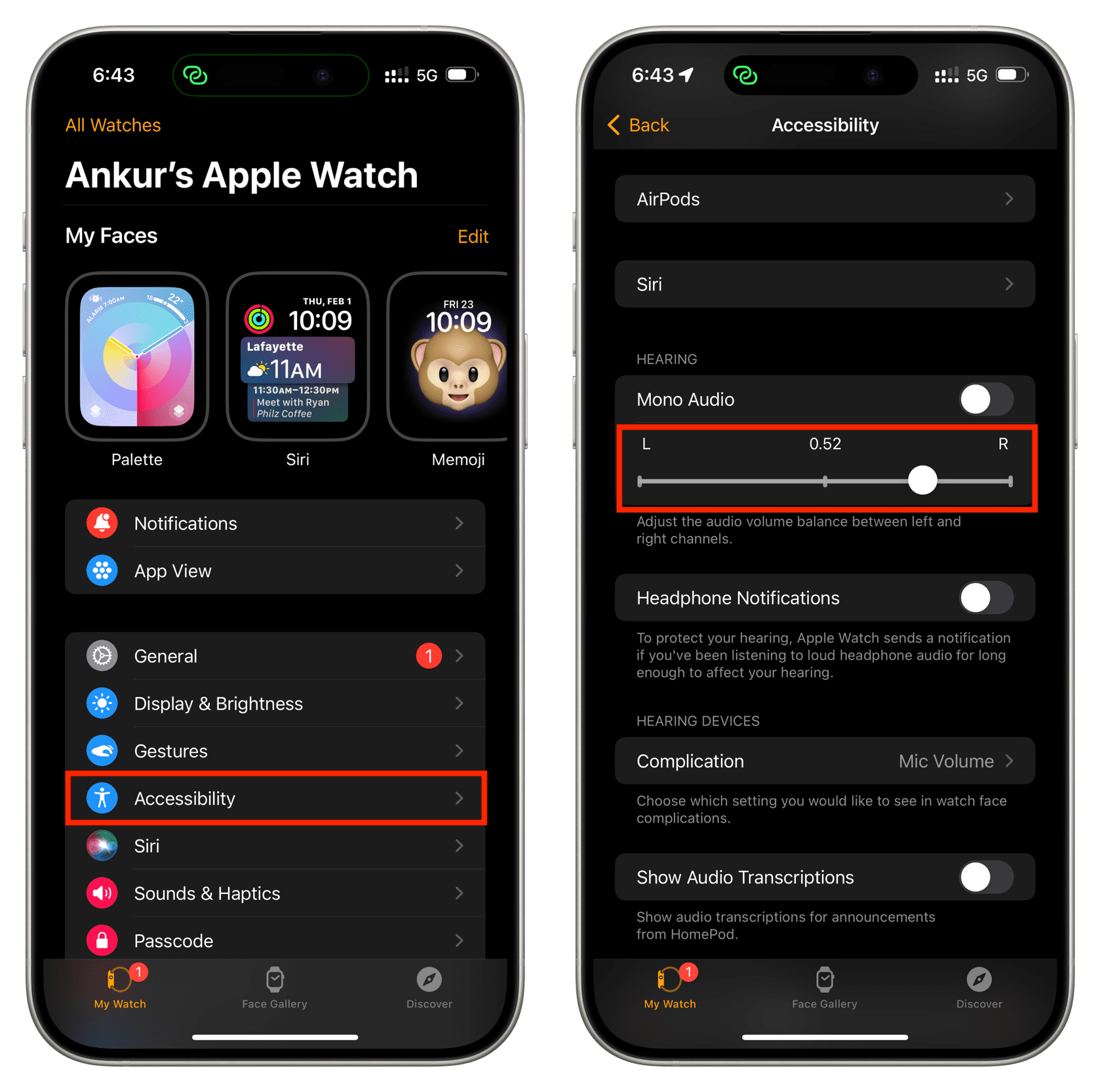 Set volume balance between left and right channels in Watch app