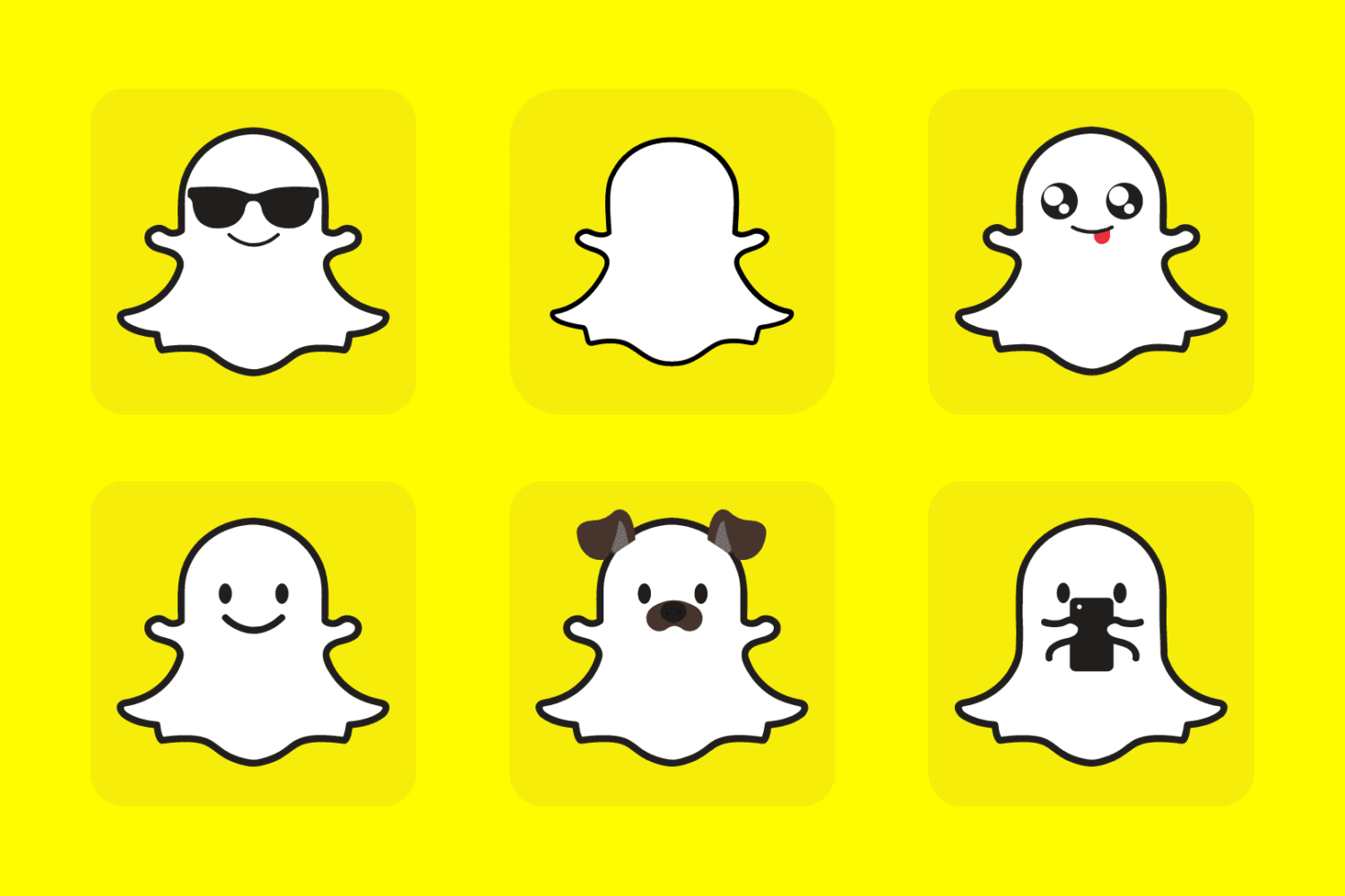 Several Snapchat icon avatars on a yellow background to signify group chat