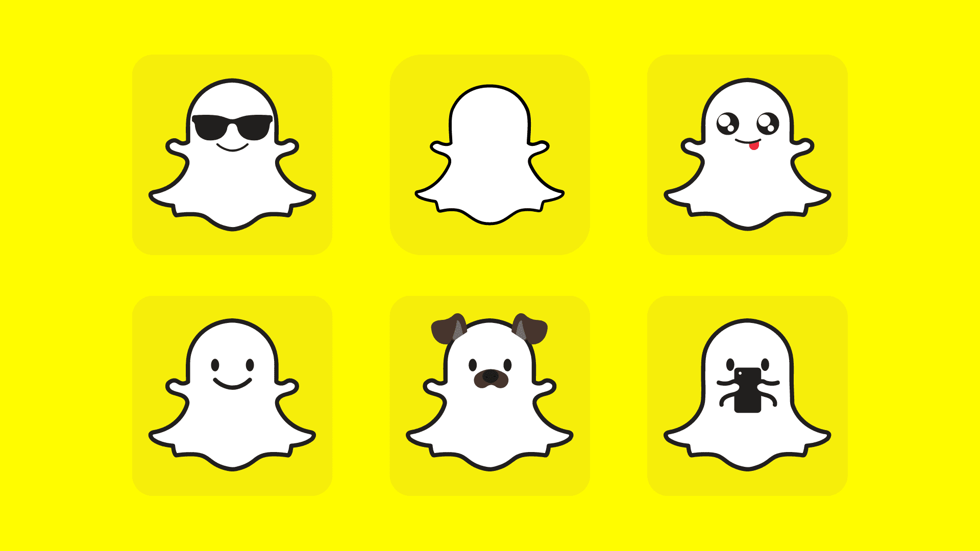 Several Snapchat icon avatars on a yellow background to signify group chat