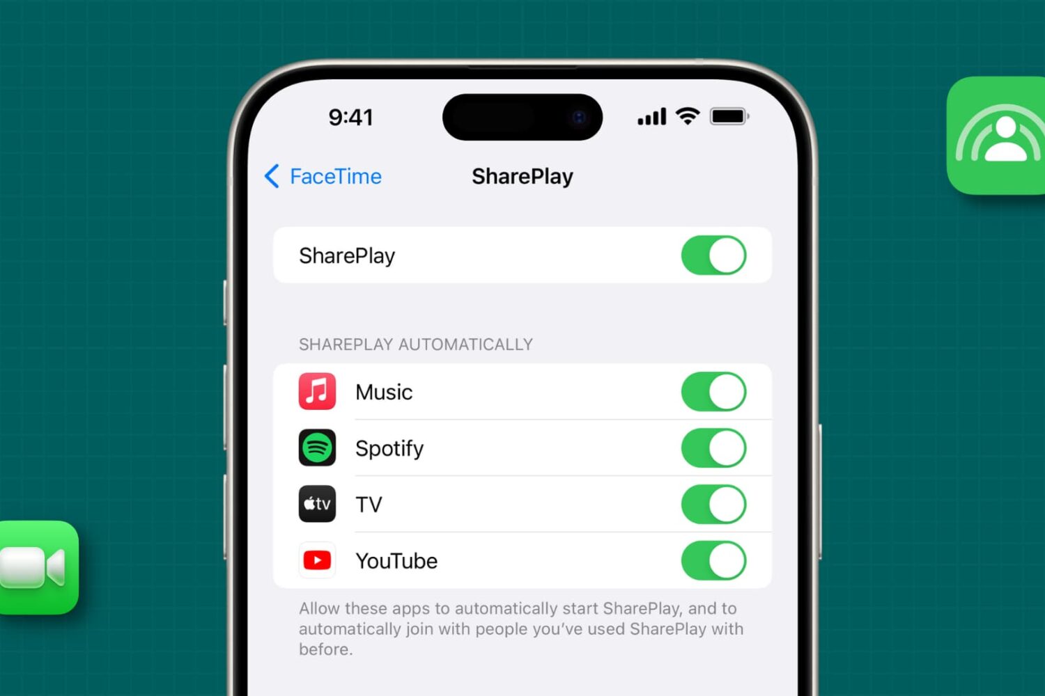 SharePlay in FaceTime settings on iPhone