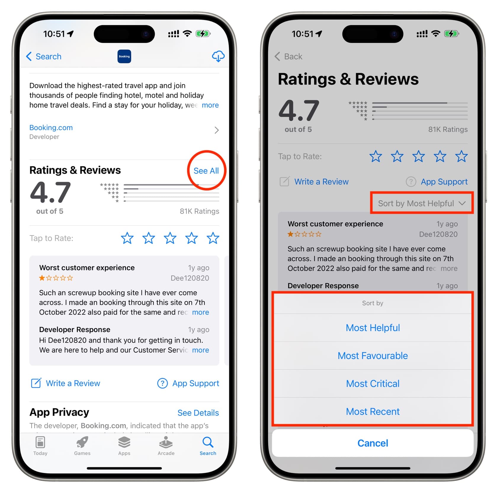Sort app reviews on iPhone App Store