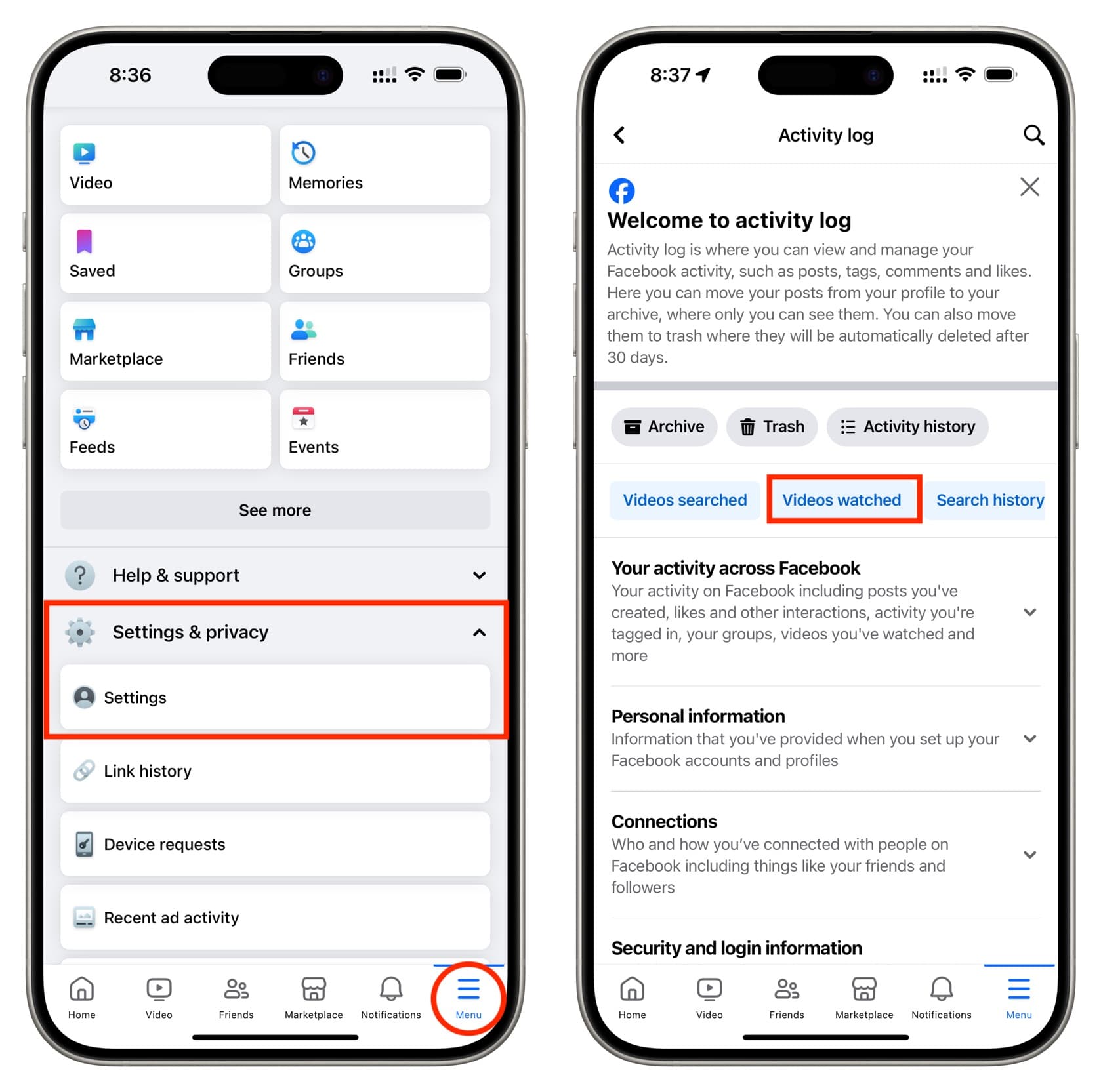 Tap Videos watched in Facebook Activity log settings on iPhone