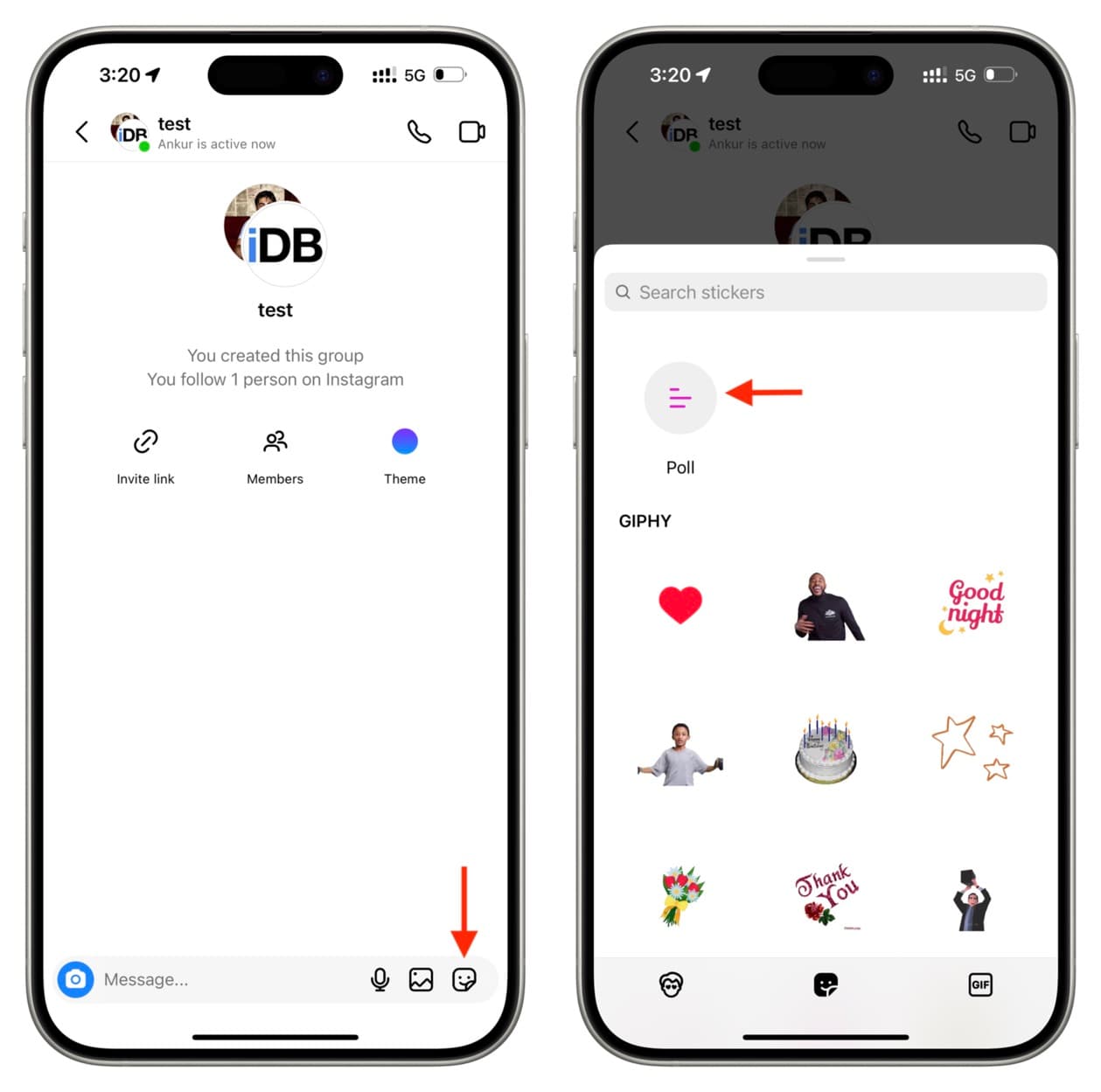 Tap emoji sticker icon in Instagram group chat and select Poll