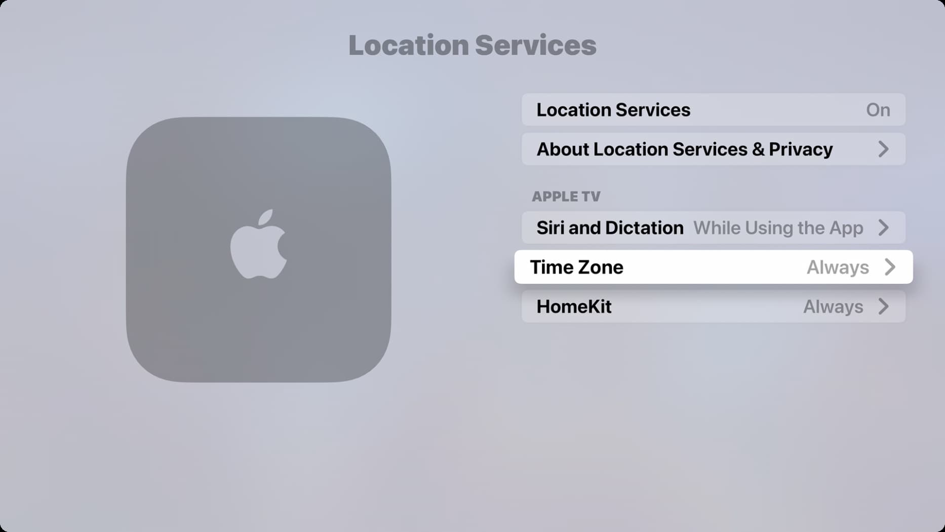 Time Zone set to always access location on Apple TV