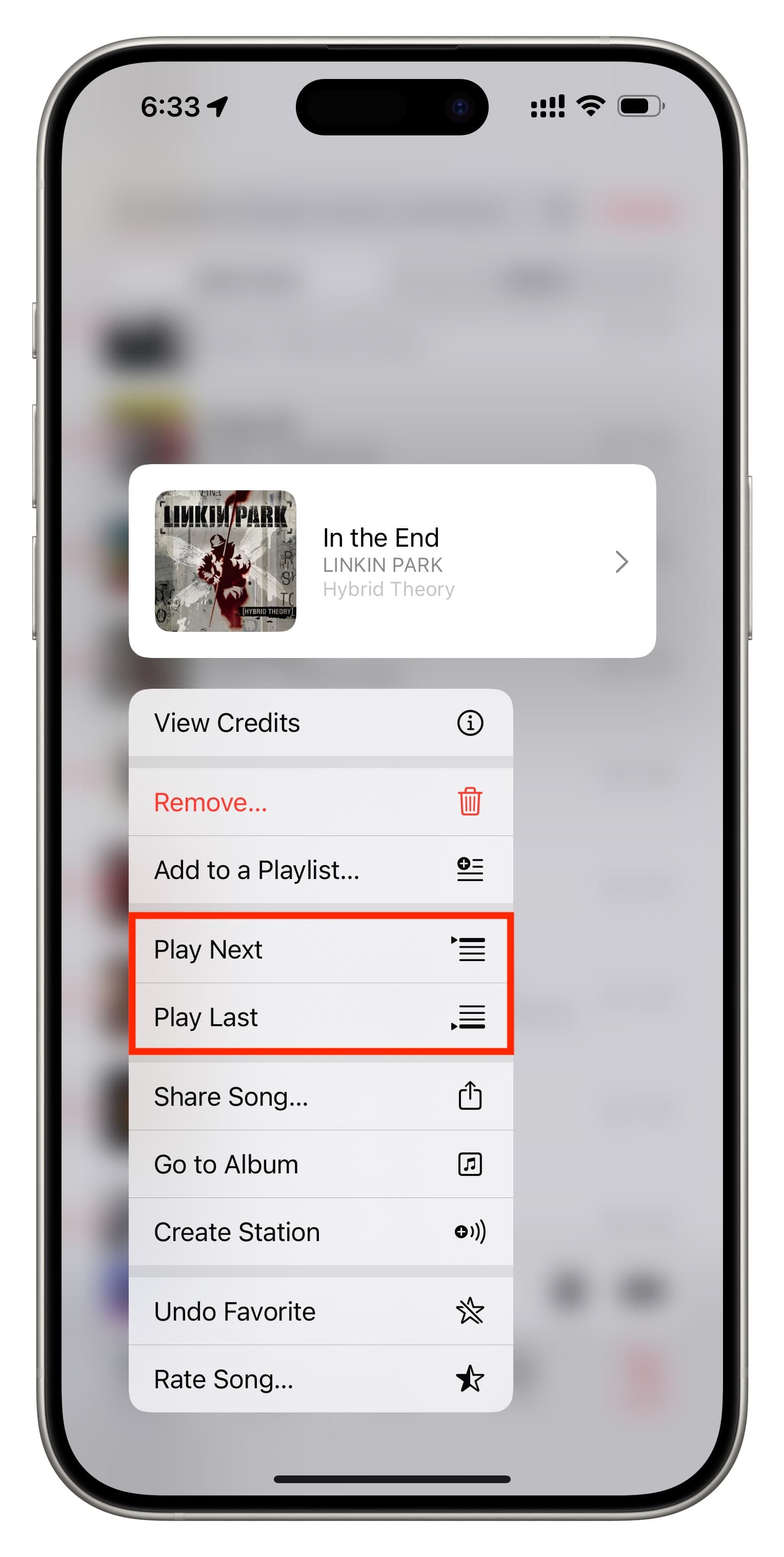 Touch and hold to play next or play last in queue in Music app