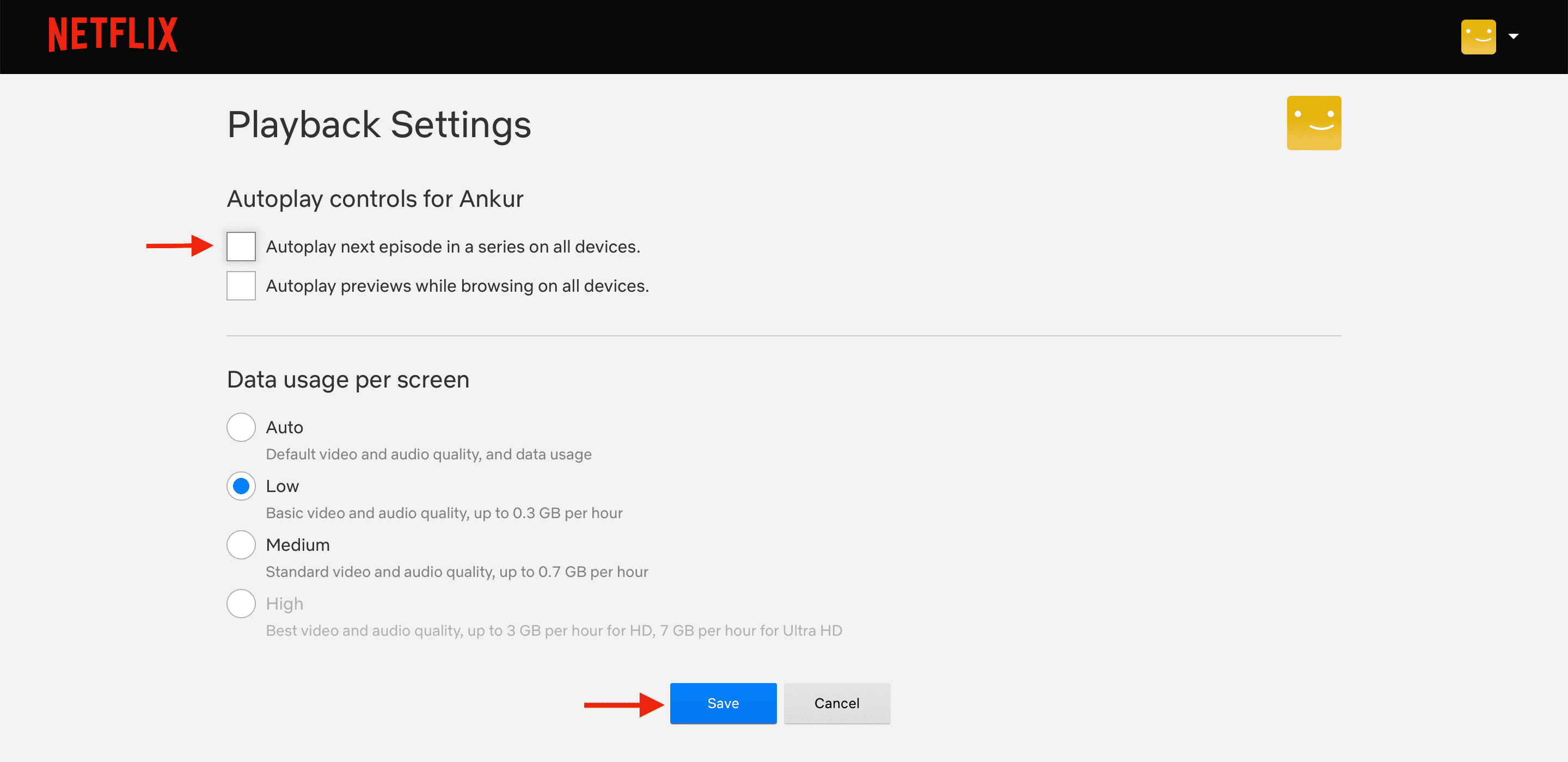 Turn off Autoplay next episode in a series on all devices in Netflix settings on web