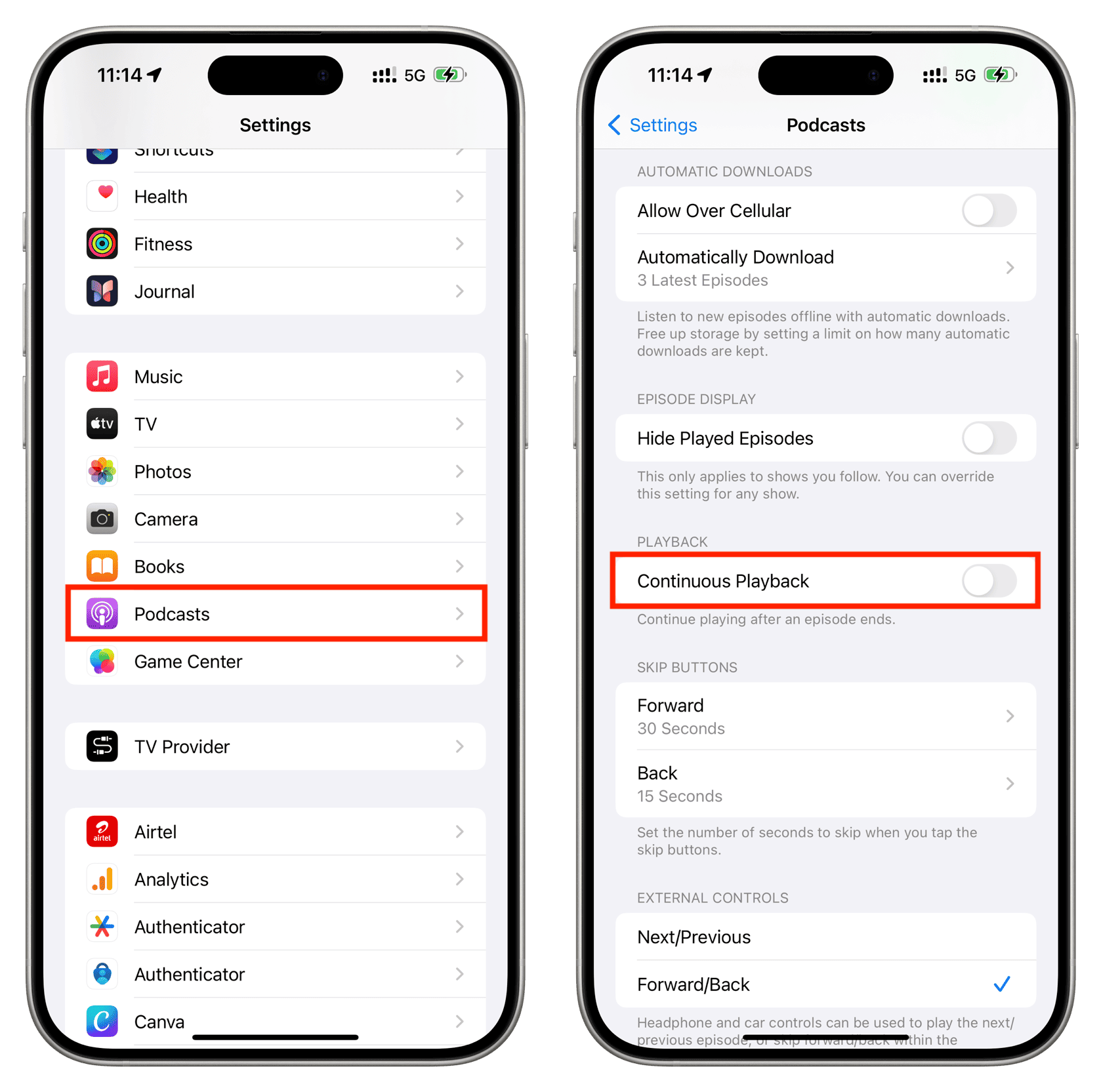 Turn off Continuous Playback for Podcasts on iPhone