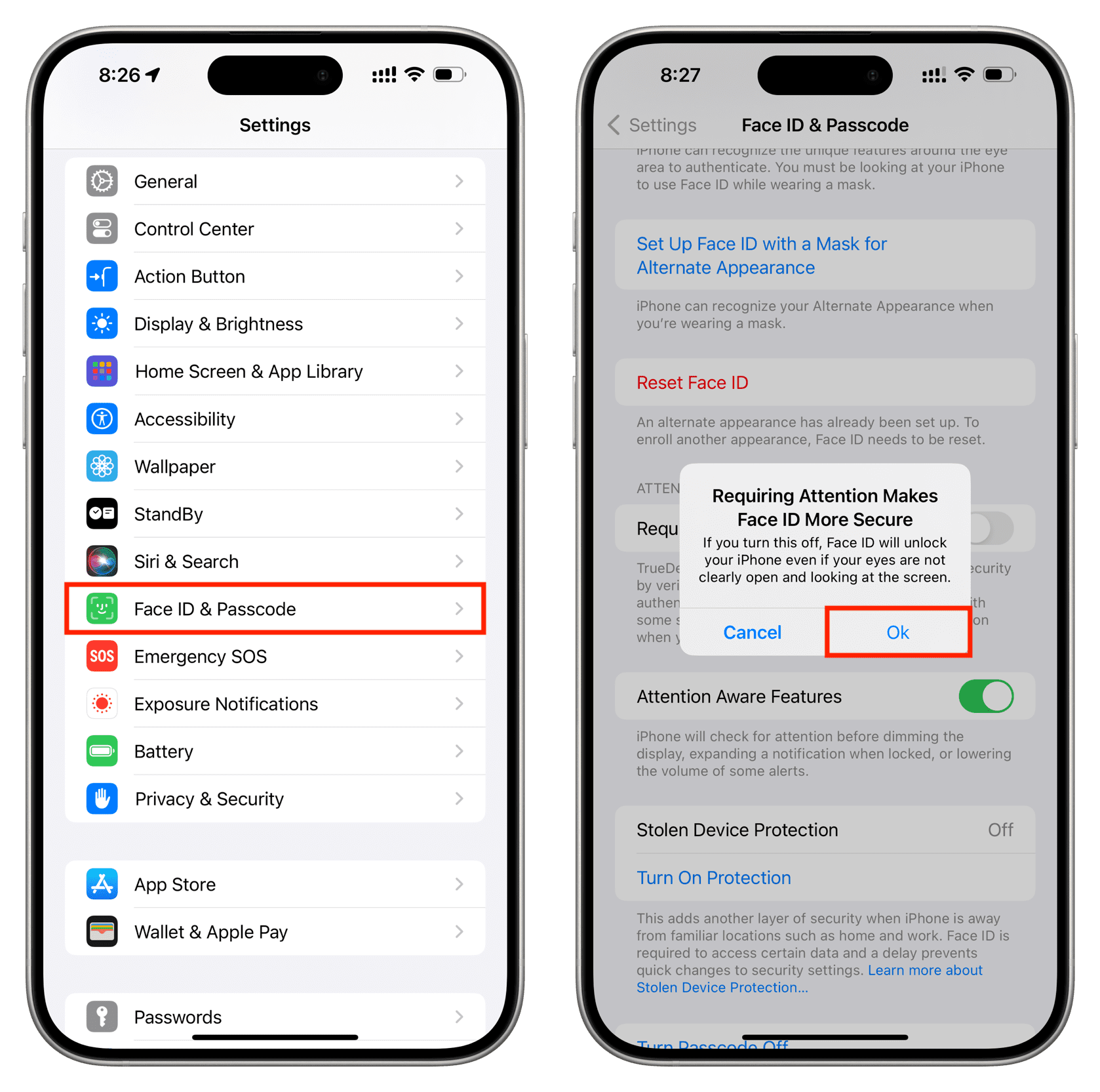 Turning off Require Attention for Face ID on iPhone to increase its success rate