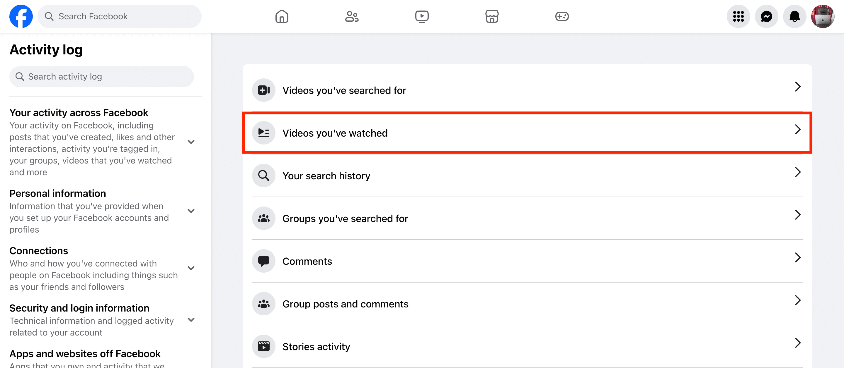 Videos you've watched in Facebook settings on computer