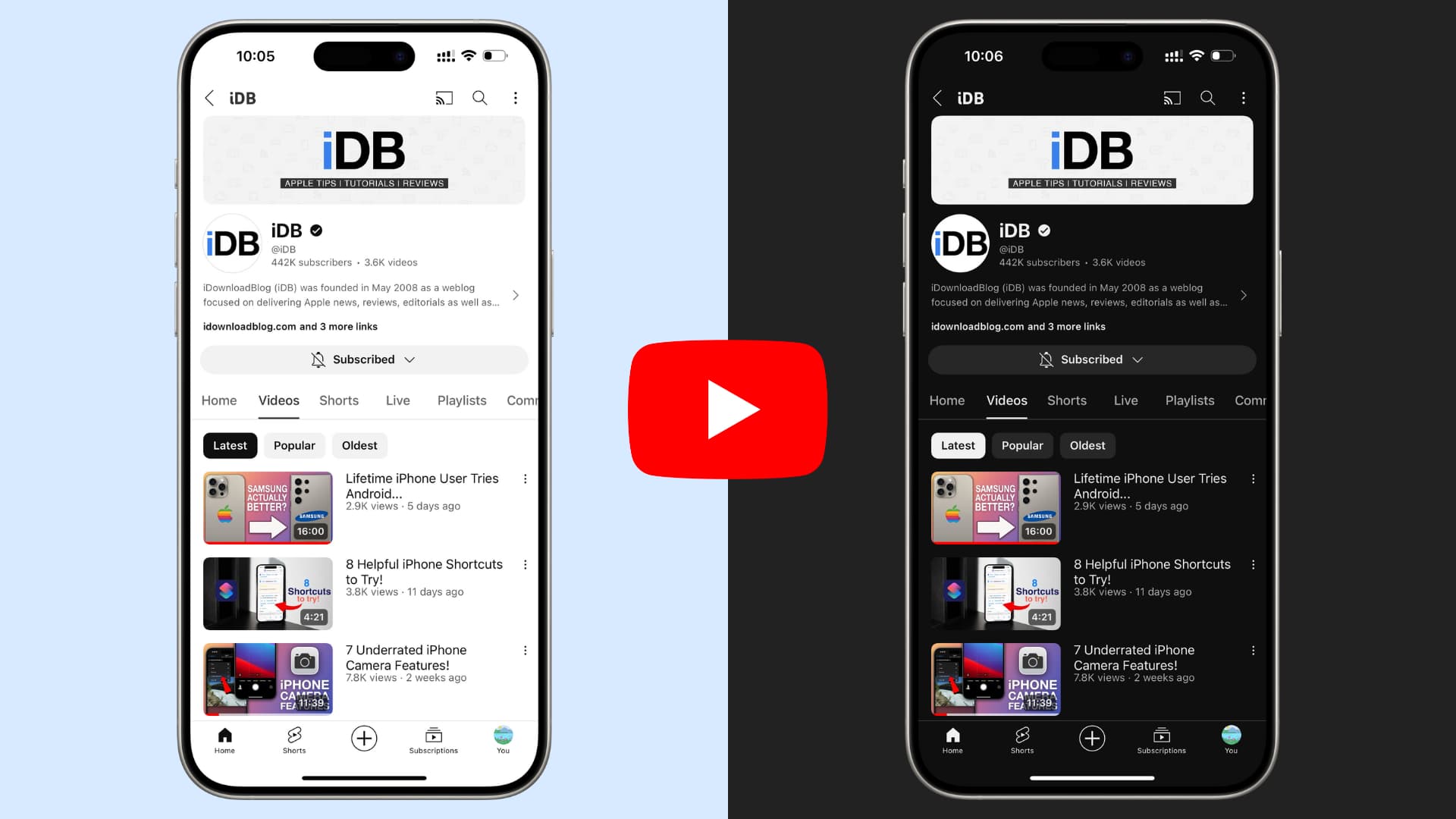 YouTube in Light and Dark Modes