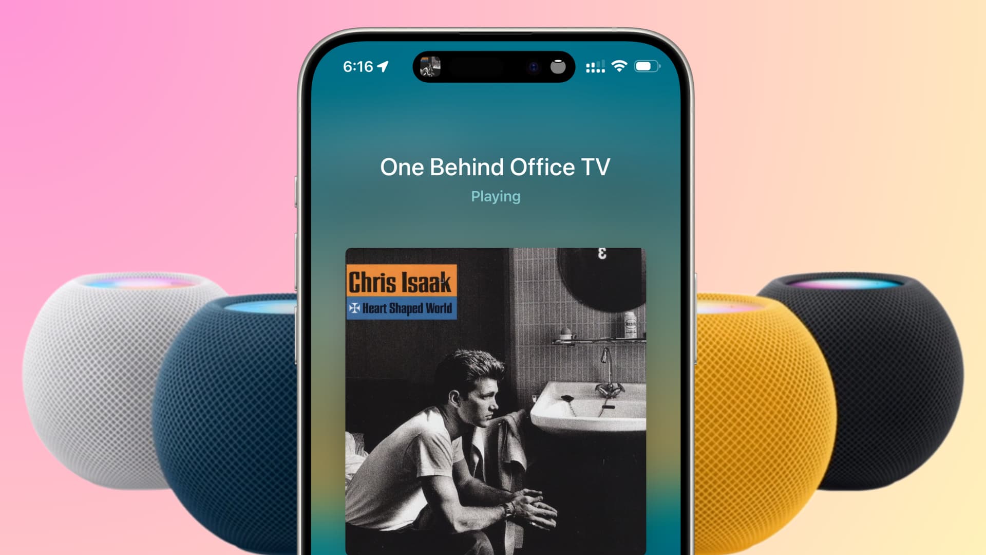 iPhone Home app showing the Now Playing screen with multiple HomePods of different colors in the background