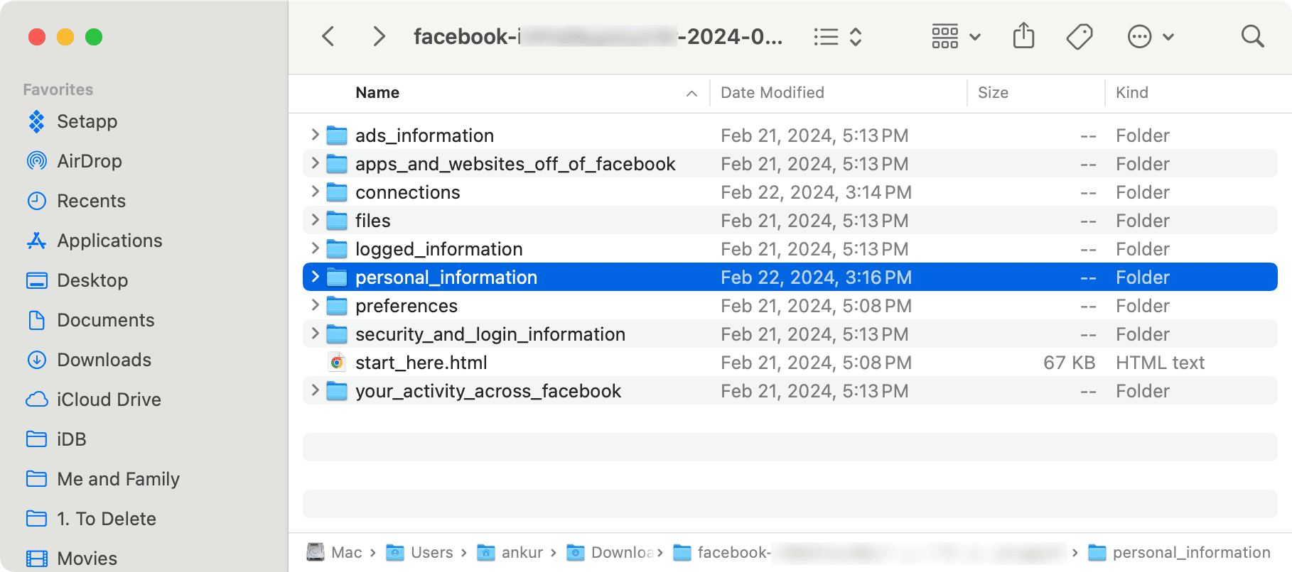 personal_information folder in Facebook downloaded data