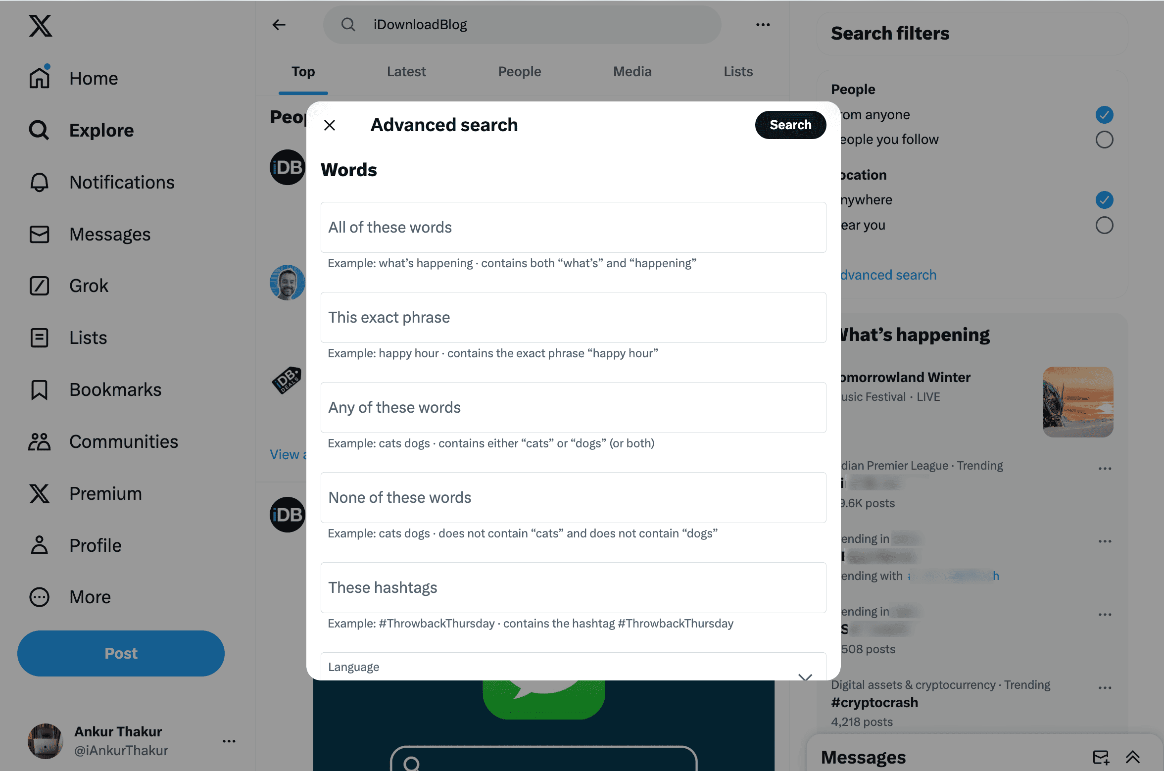 Advanced search on Twitter web