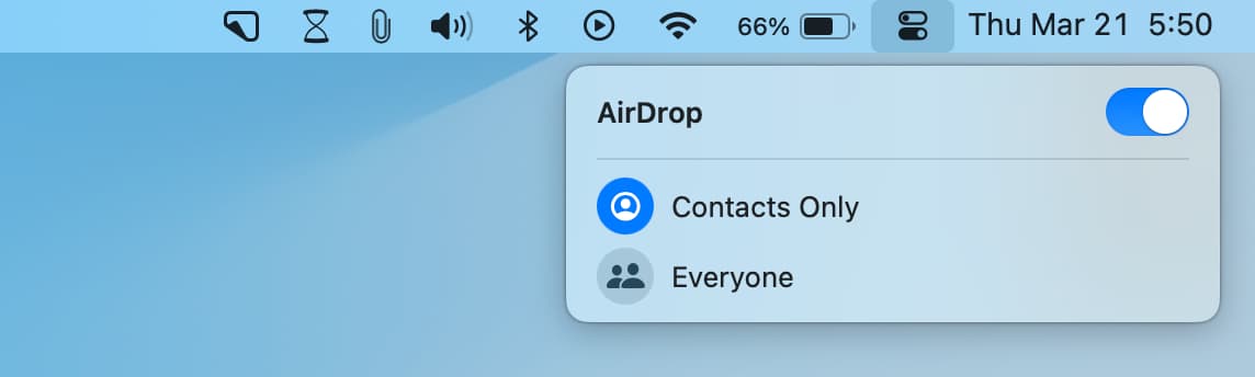 AirDrop visibility in Mac Control Center