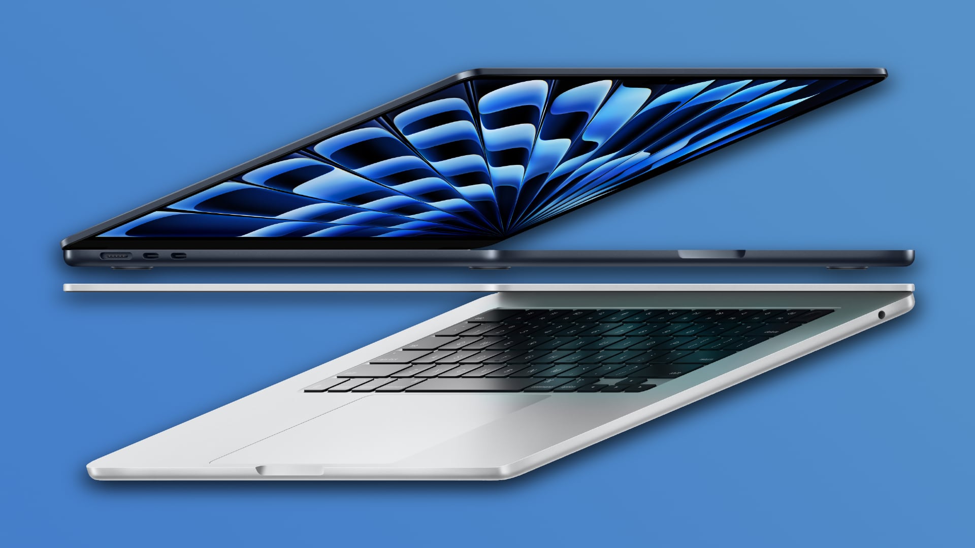 Two M3 MacBook Air laptops with their lids open