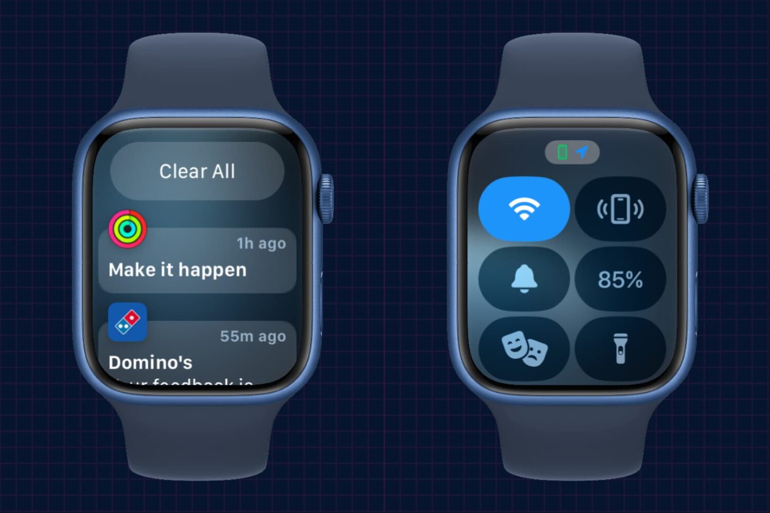 Two Apple Watch mockups showing its Notifications Center and Control Center