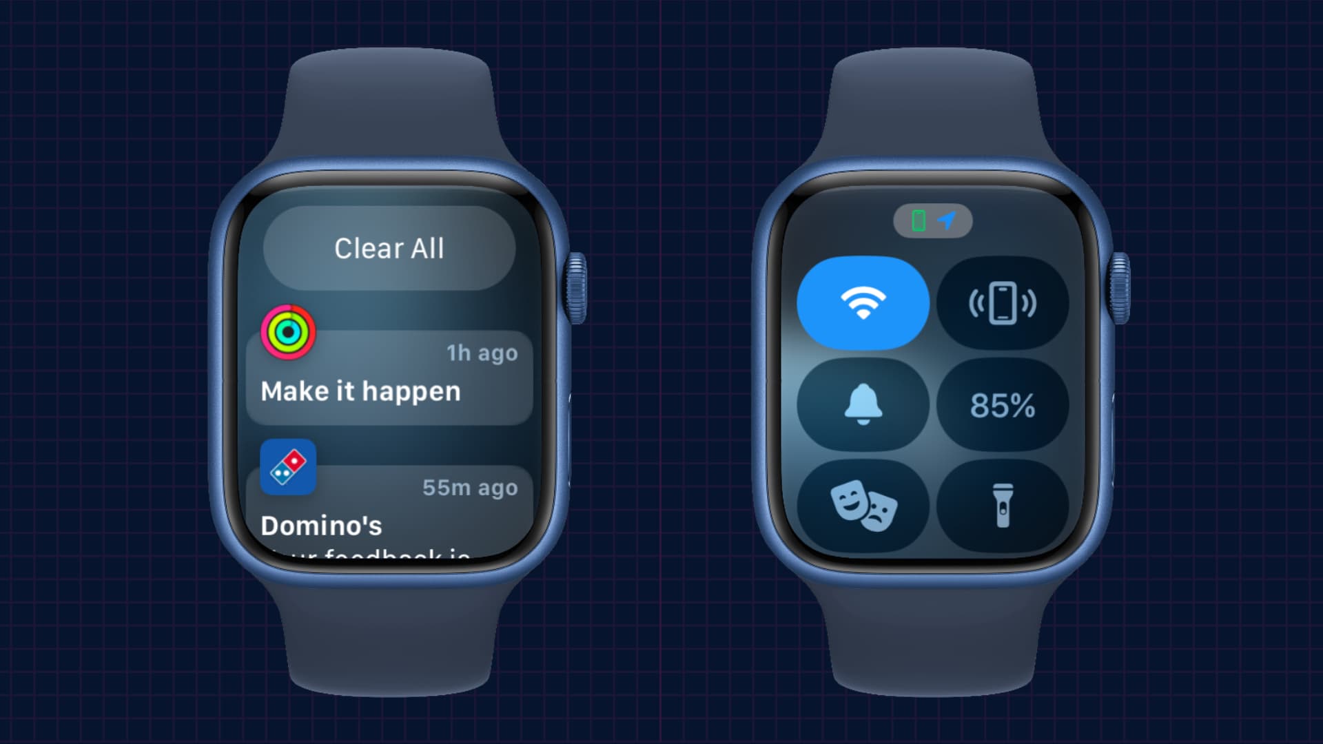 Two Apple Watch mockups showing its Notifications Center and Control Center