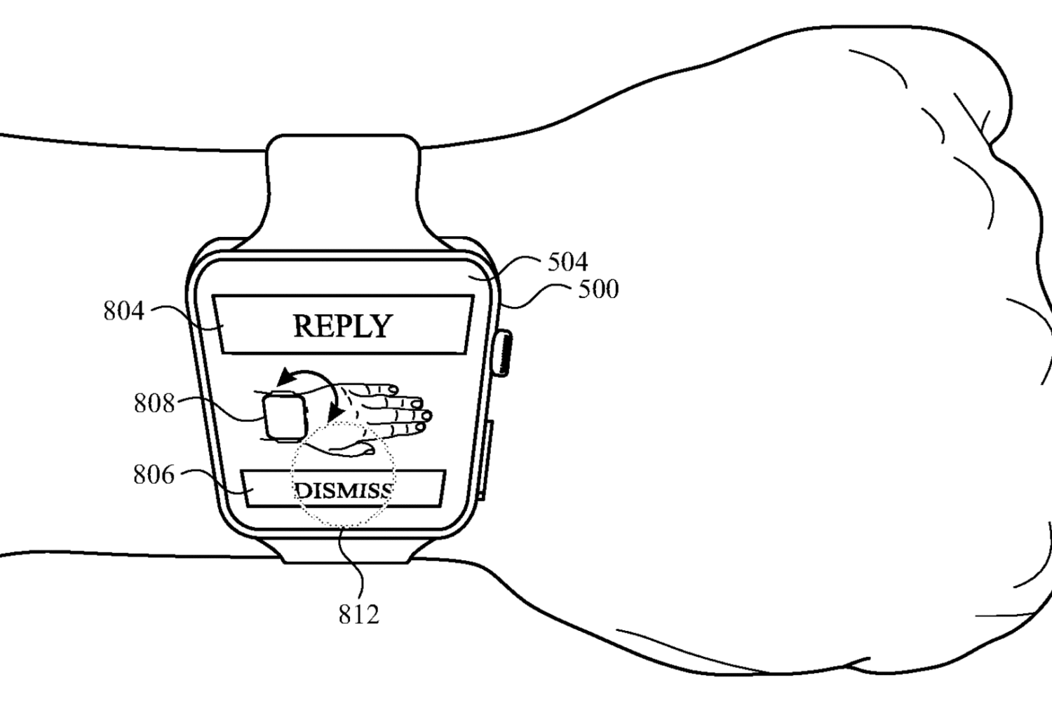 Patent drawing illustrating a male wrist rotating, with the fist clinched, to deny an incoming call on a smartwatch