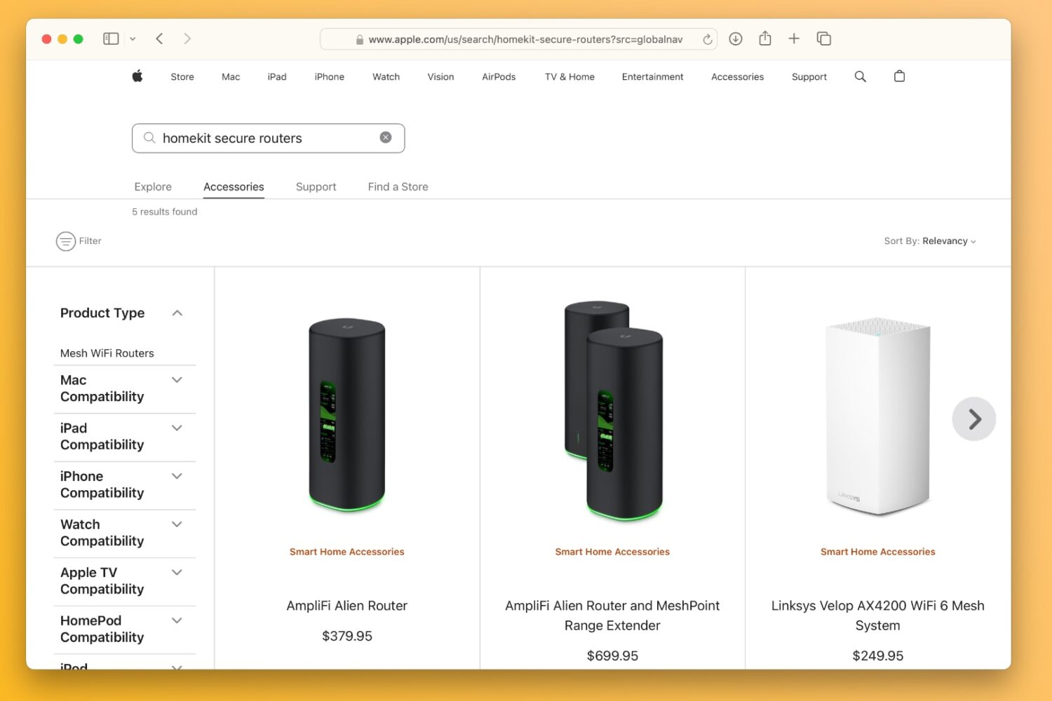 Apple web store listing HomeKit Secure Routers