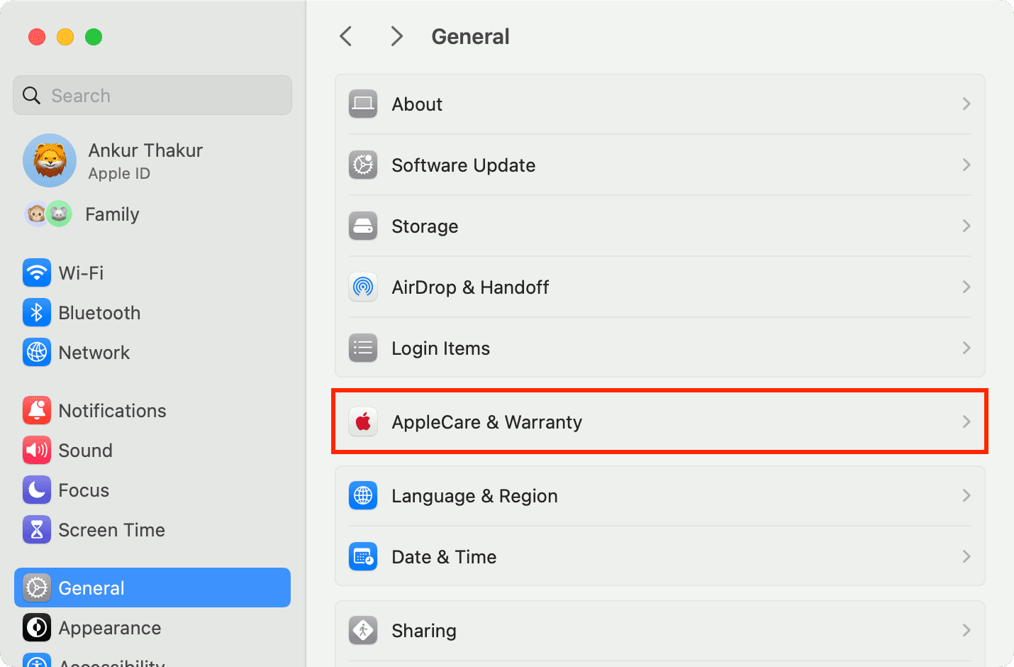 AppleCare and Warranty option in Mac System Settings