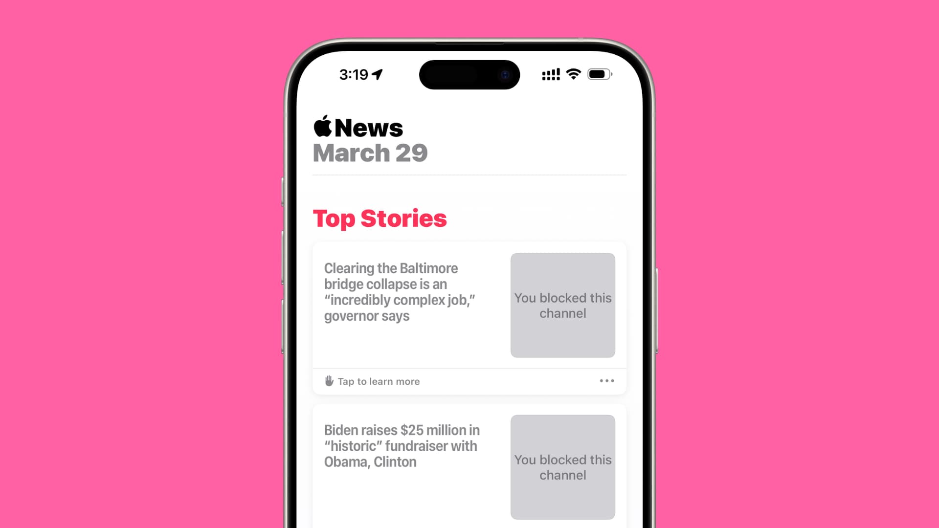 Blocked channels in News app on iPhone