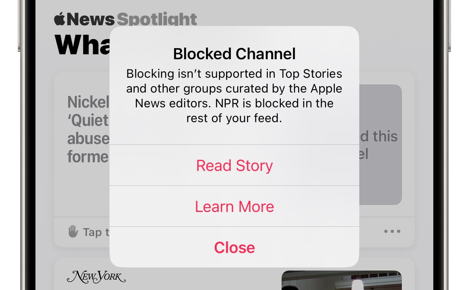 Blocking not supported in Top Stories and groups curated by Apple News editors