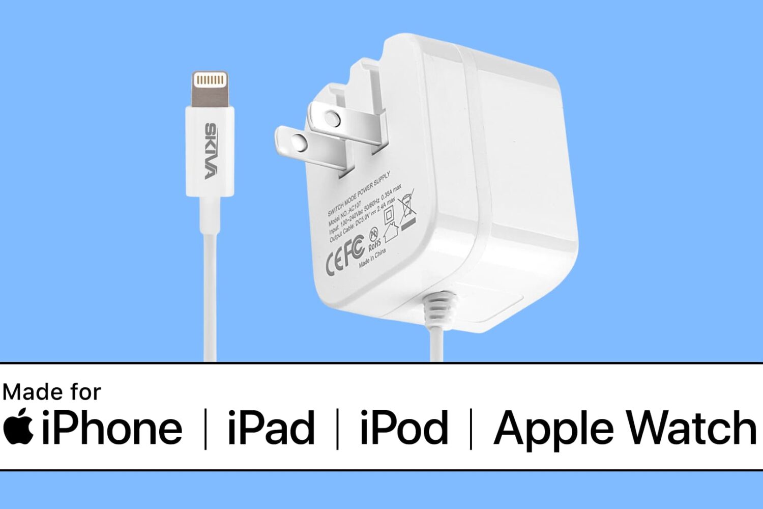 A charging cable and adapter with Made for iPhone badge under it