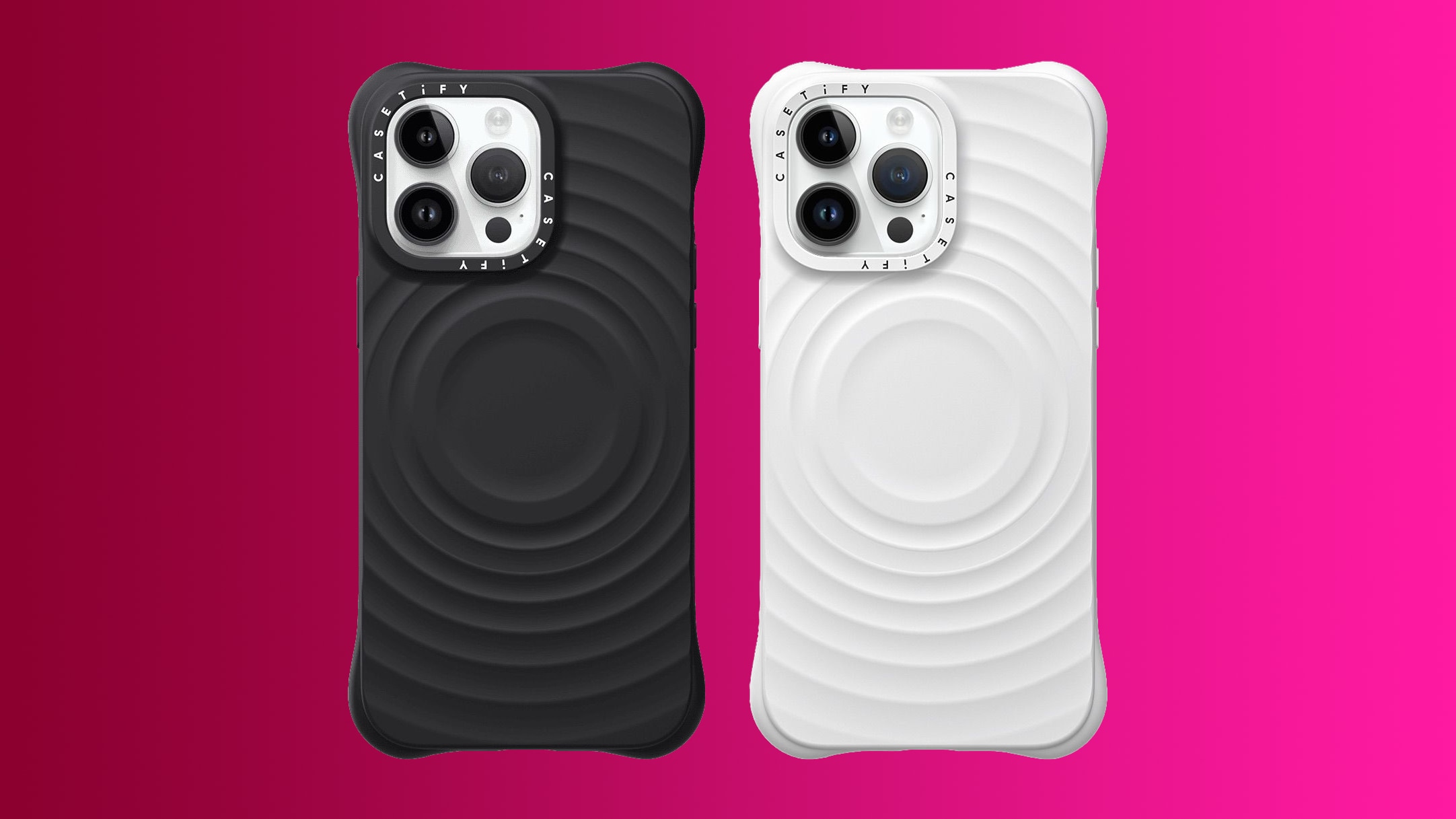 Two iPhone 13 Pro Max with Casetify's Ripple Case in White and Black