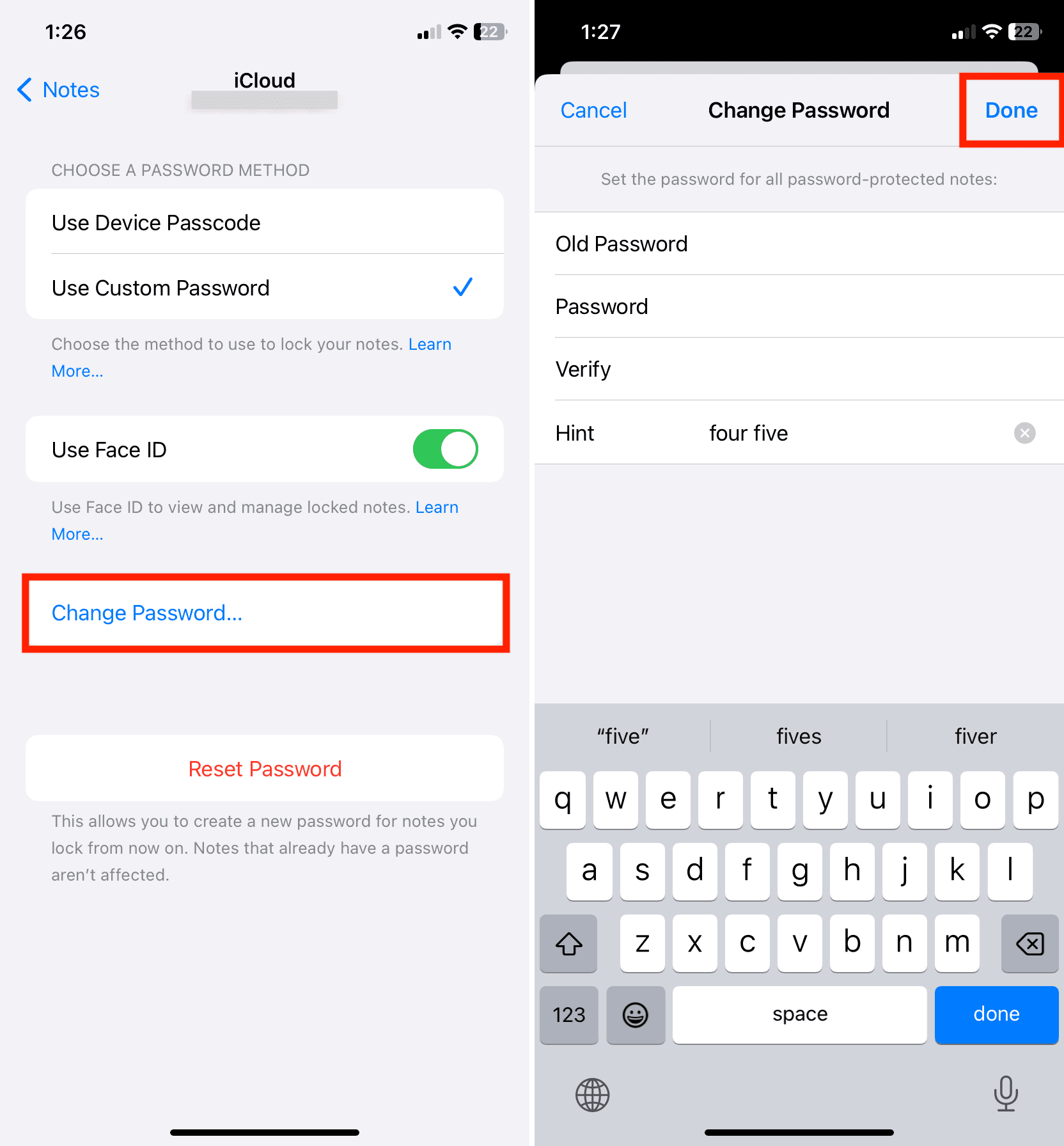 Change Password for Notes app on iPhone