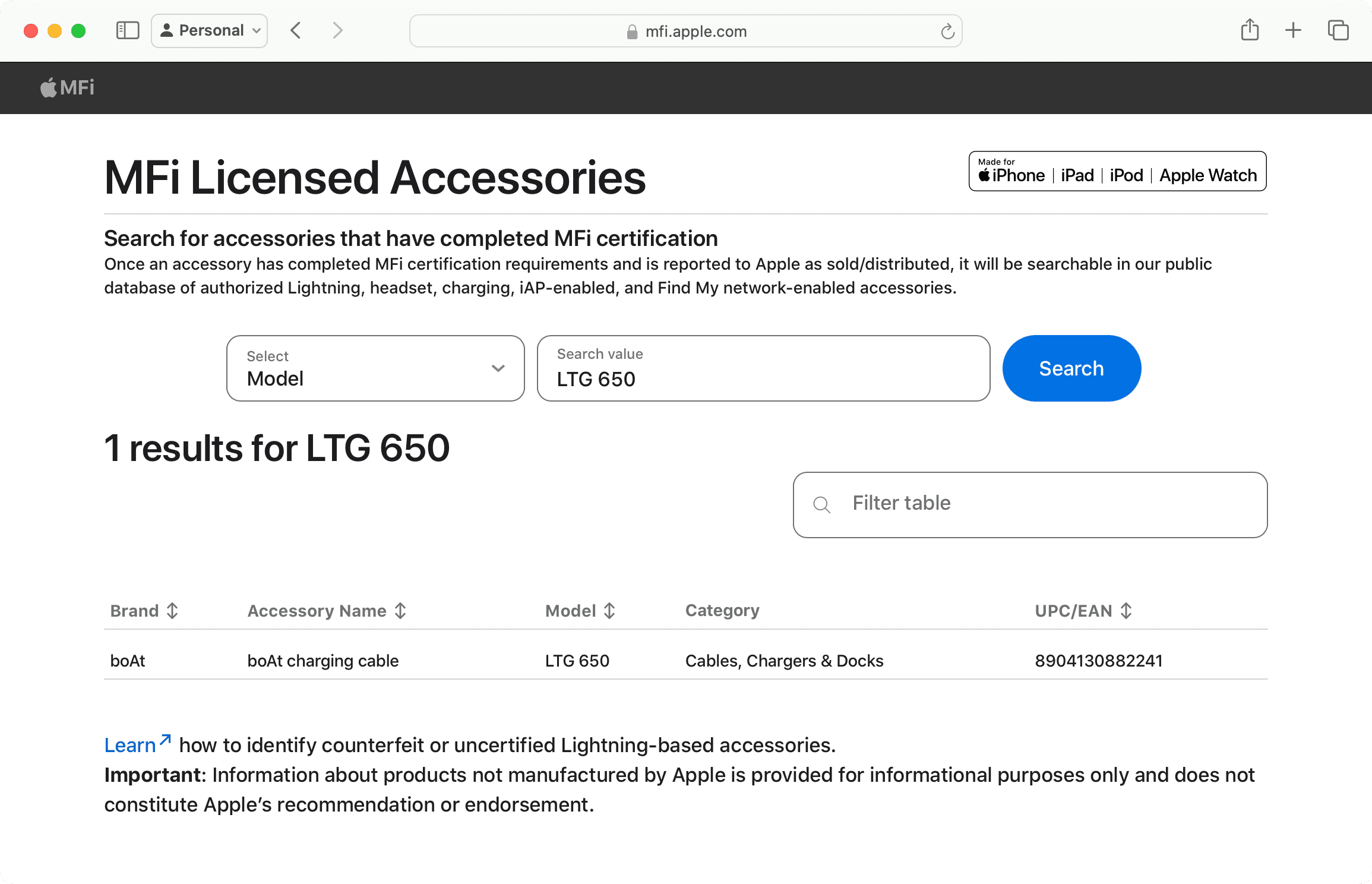 Check for MFi Licensed Accessories on Apple's official website