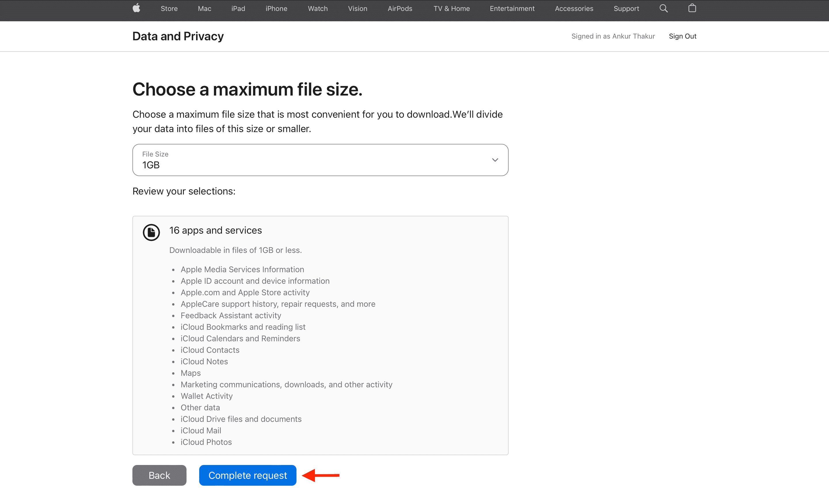 Complete request to download your Apple data