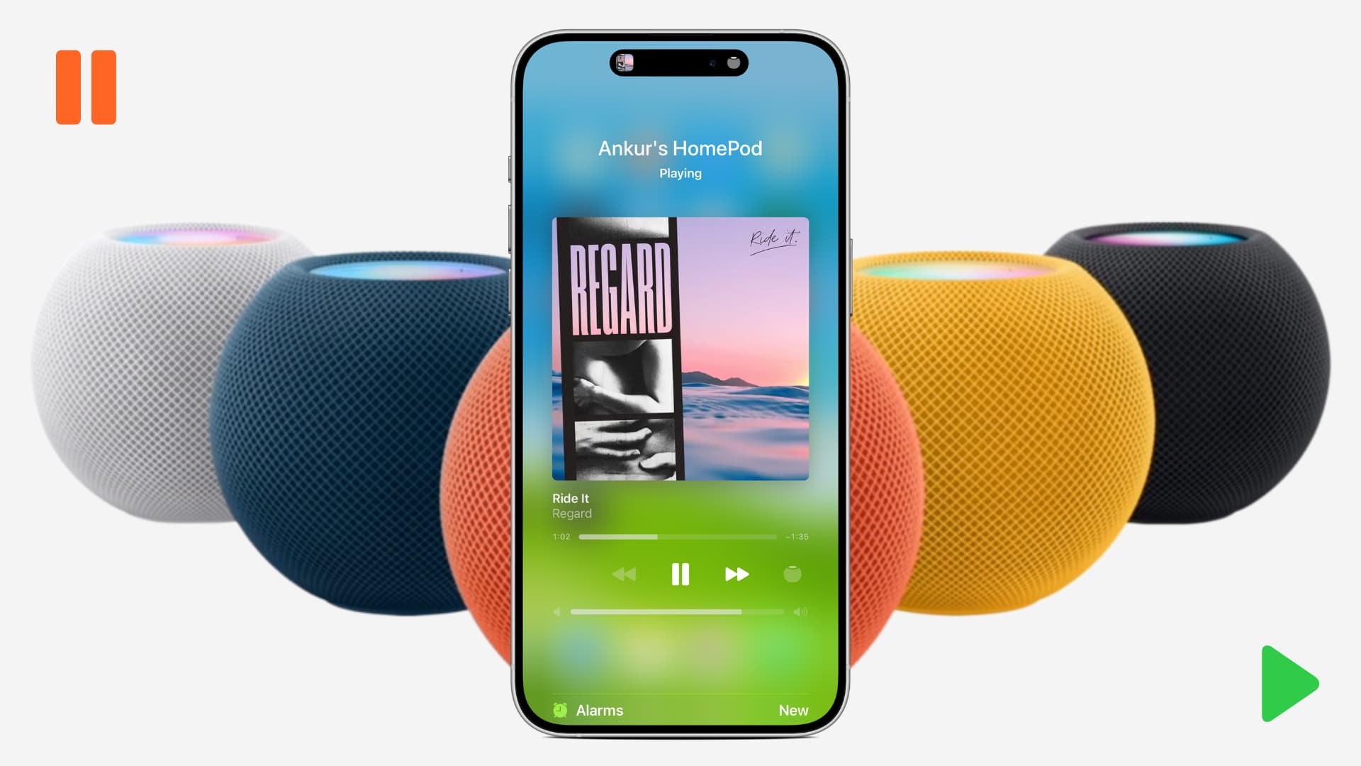 iPhone showing what's playing on HomePod with several HomePod minis in the background