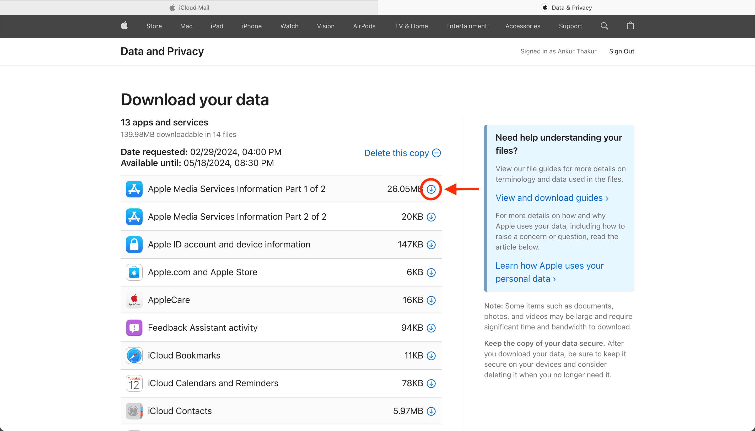 Download your data from Apple