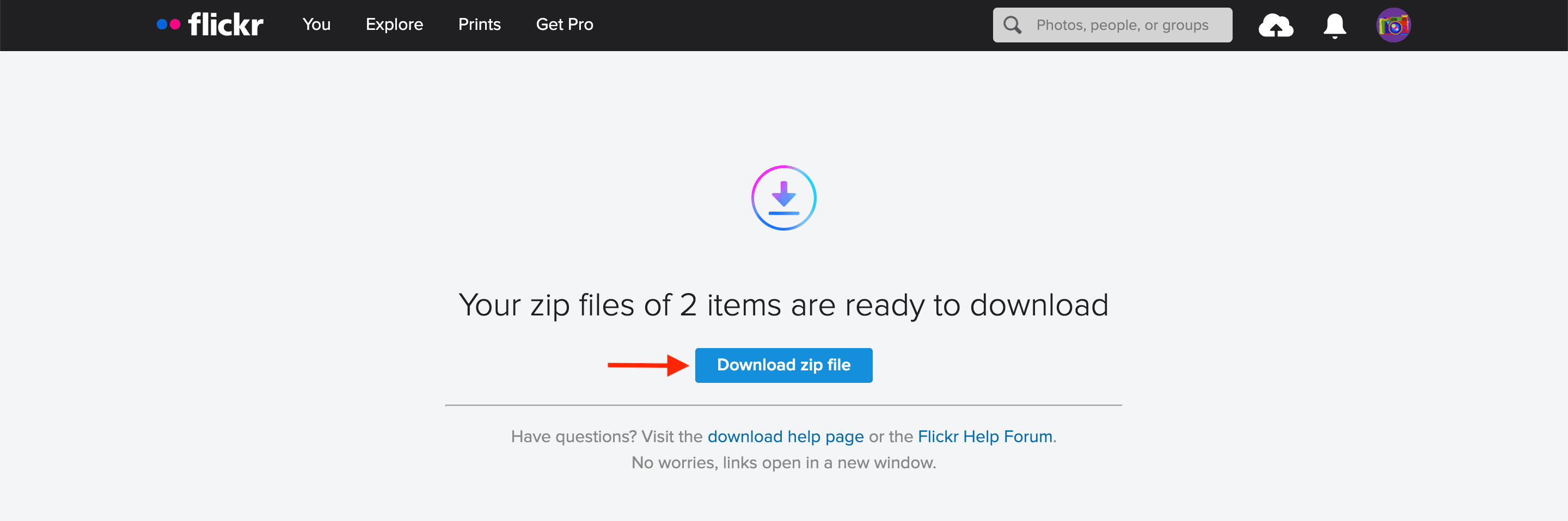 Download zip file from Flickr